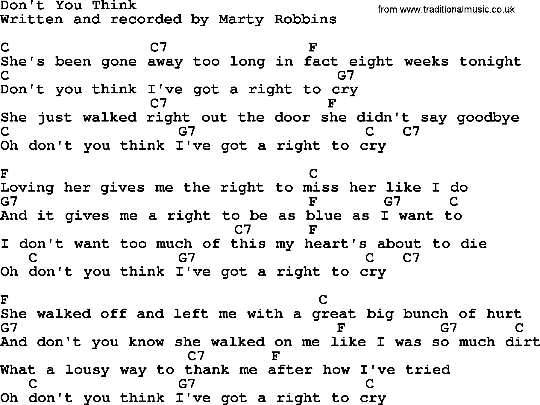 Marty Robbins song: Don't You Think, lyrics and chords