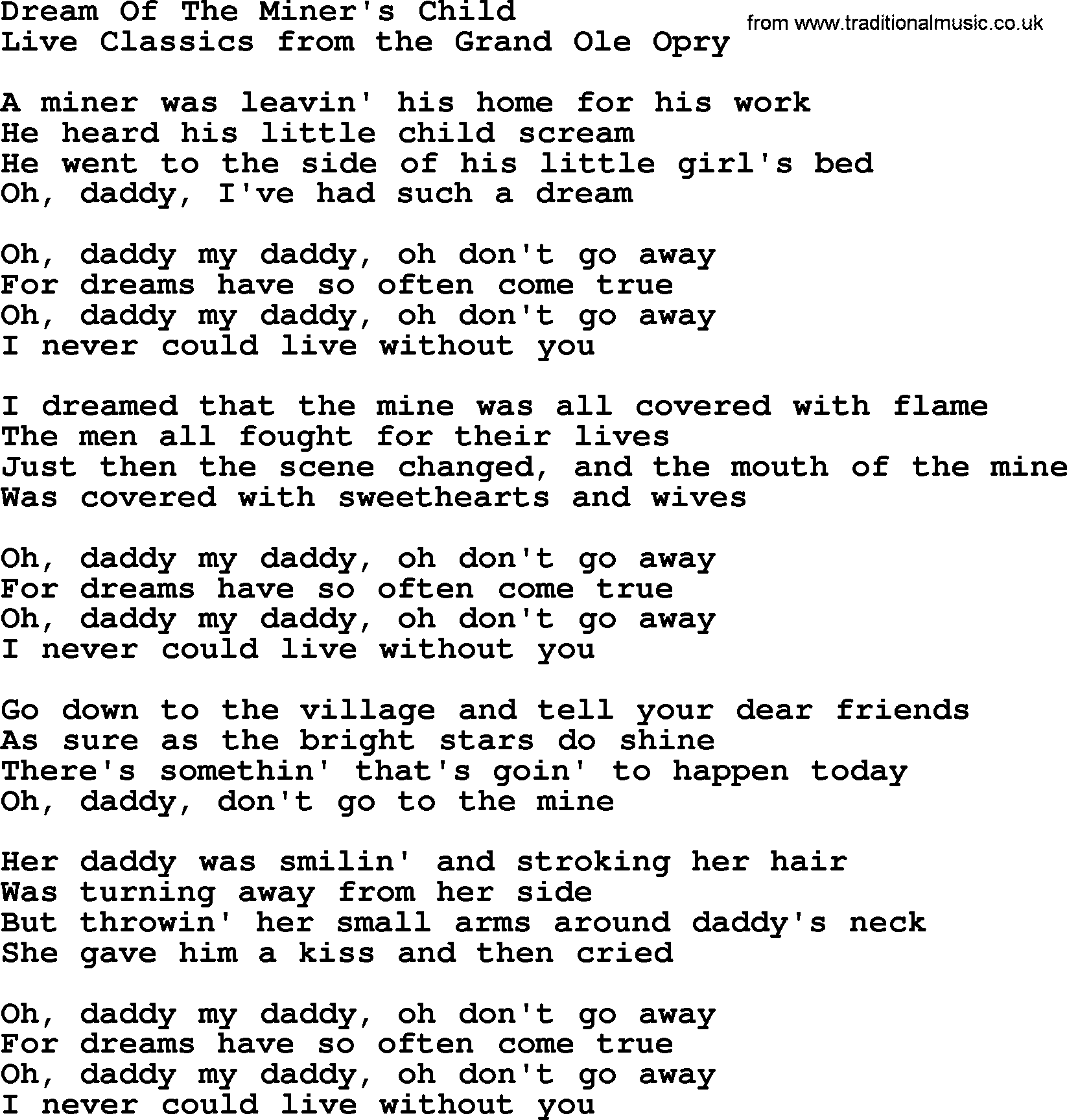 Marty Robbins song: Dream Of The Miners Child, lyrics