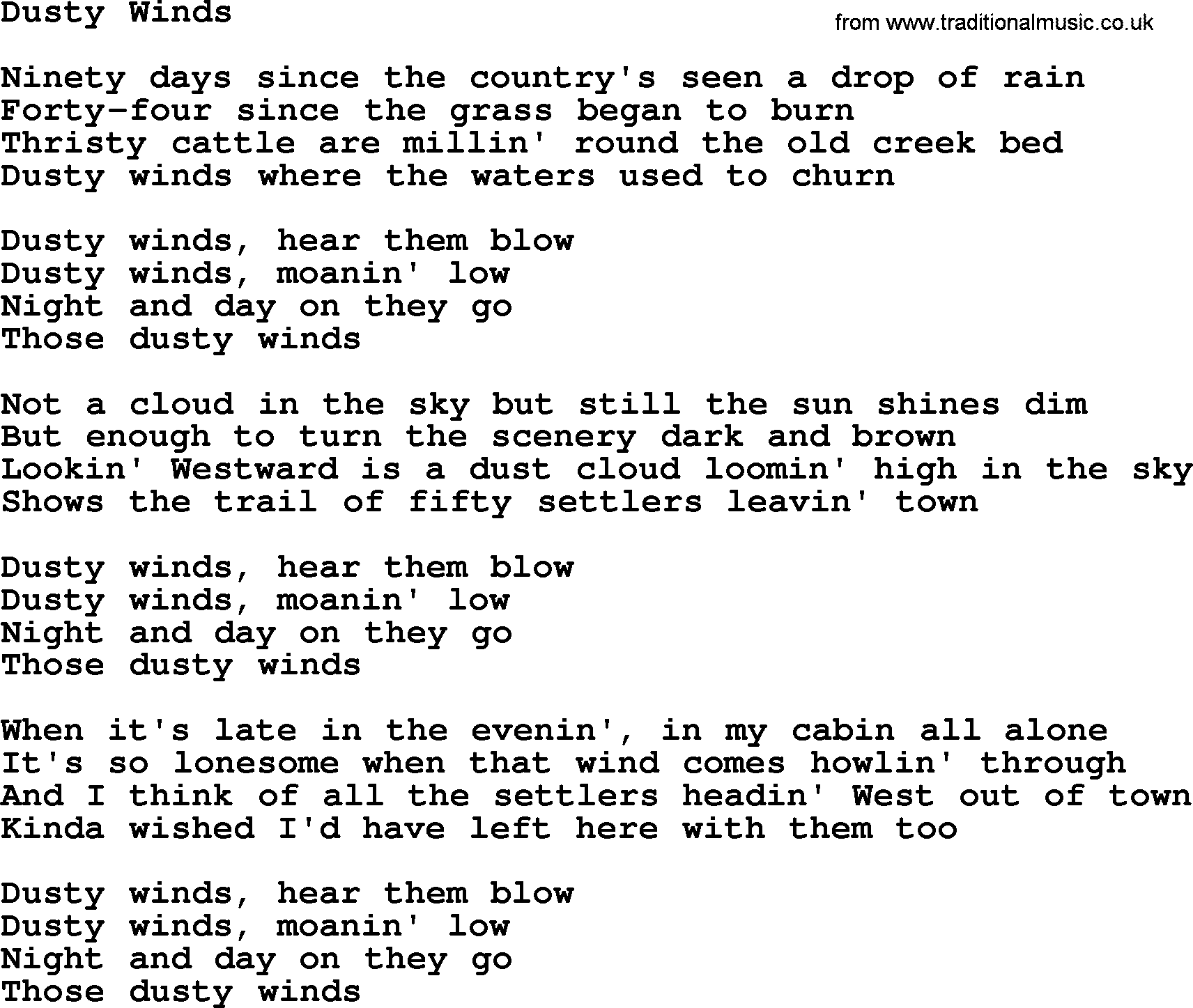 Marty Robbins song: Dusty Winds, lyrics
