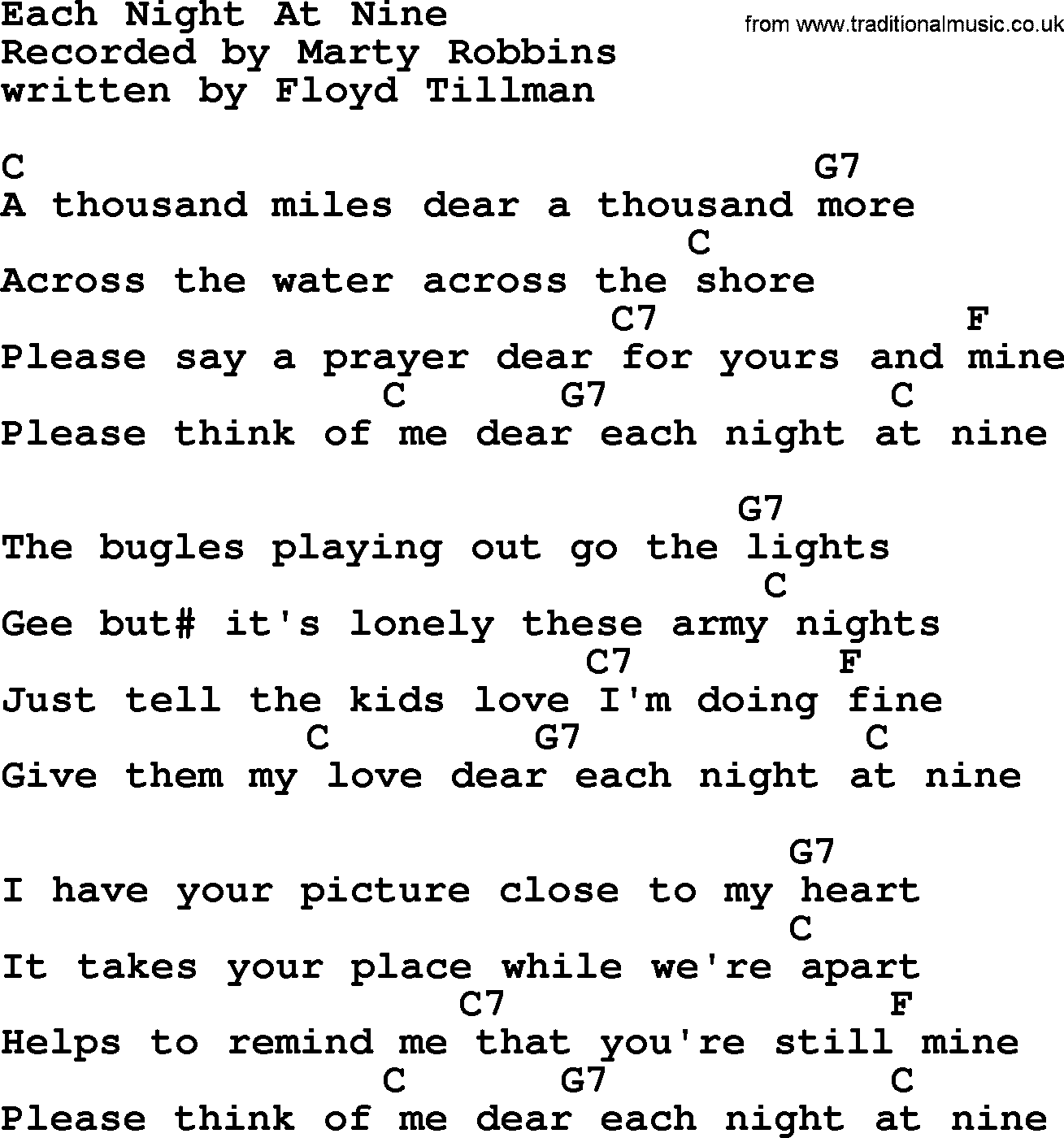 Marty Robbins song: Each Night At Nine, lyrics and chords