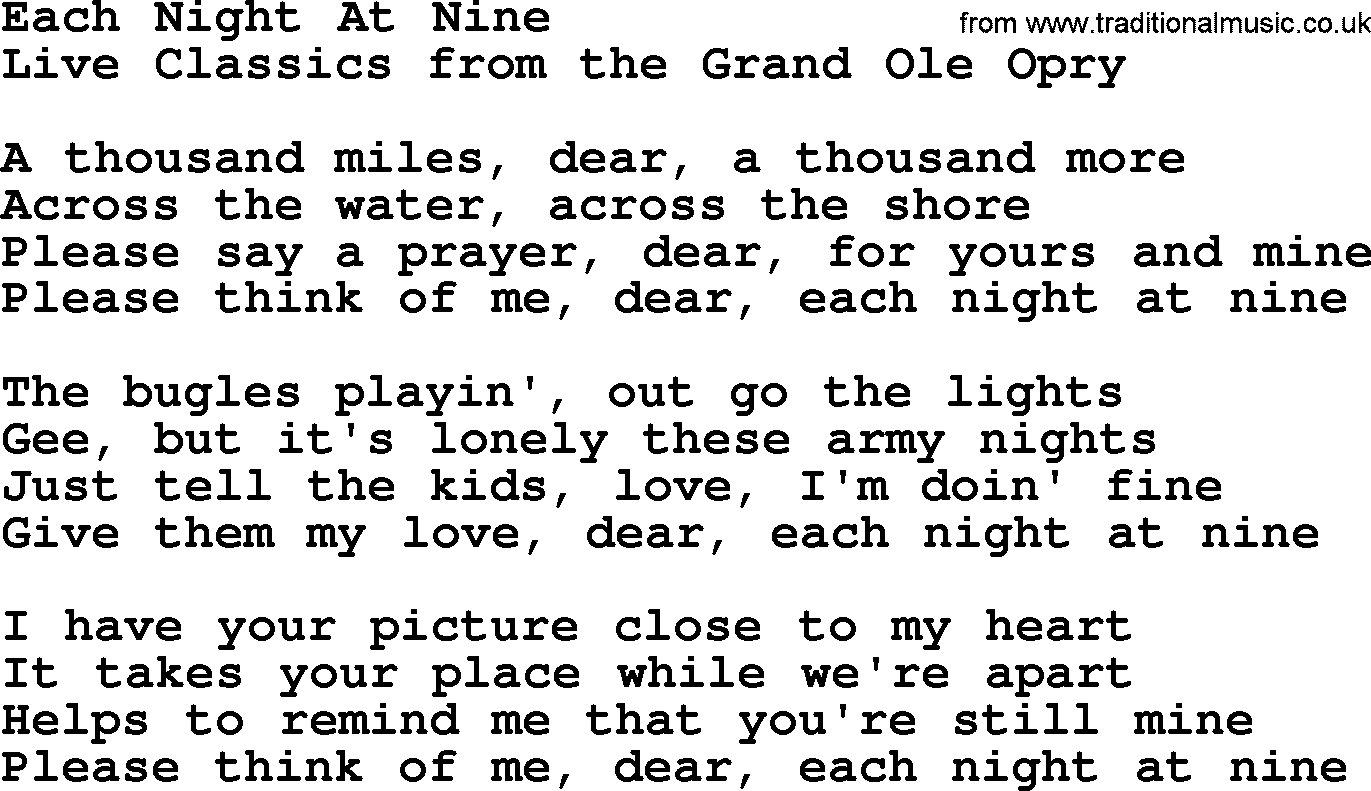 Marty Robbins song: Each Night At Nine, lyrics