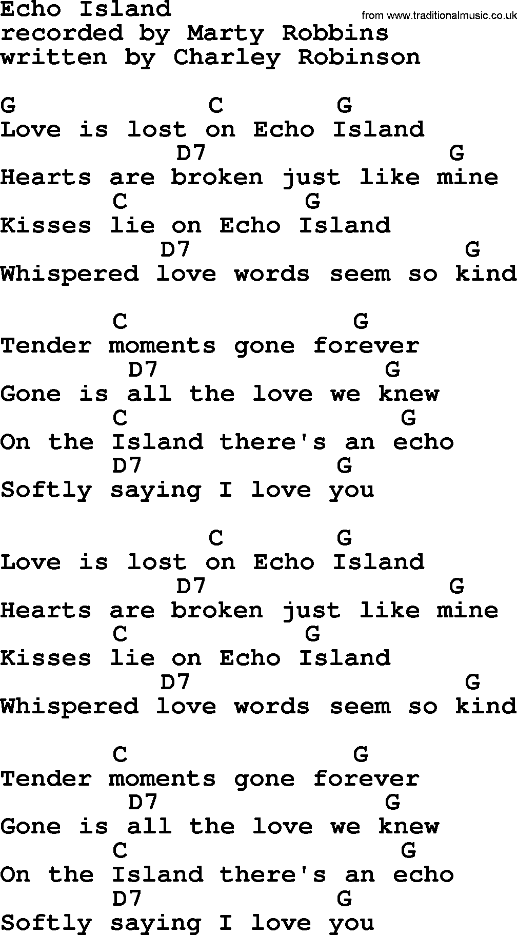 Marty Robbins song: Echo Island, lyrics and chords