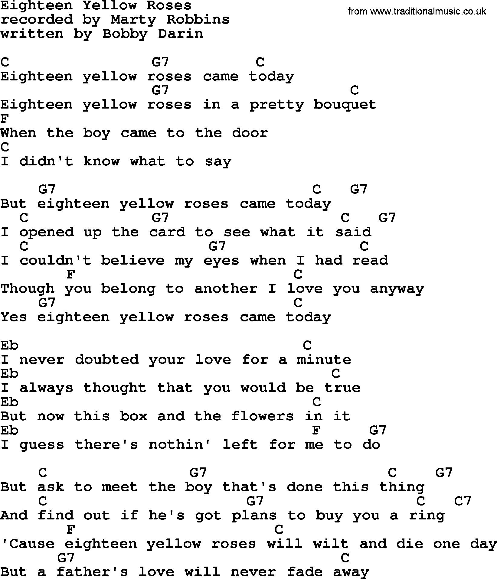 Marty Robbins song: Eighteen Yellow Roses, lyrics and chords