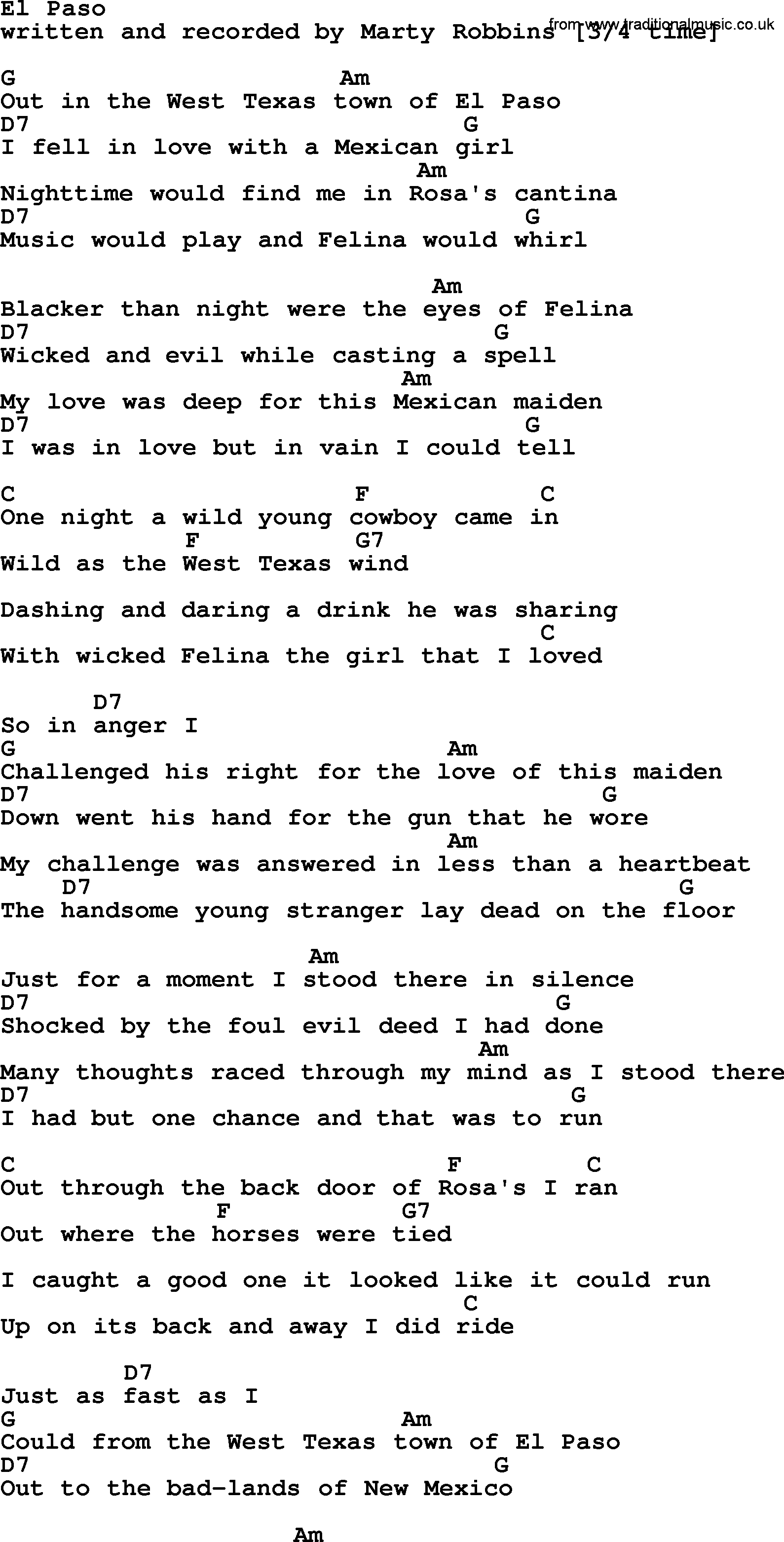 Marty Robbins song: El Paso, lyrics and chords