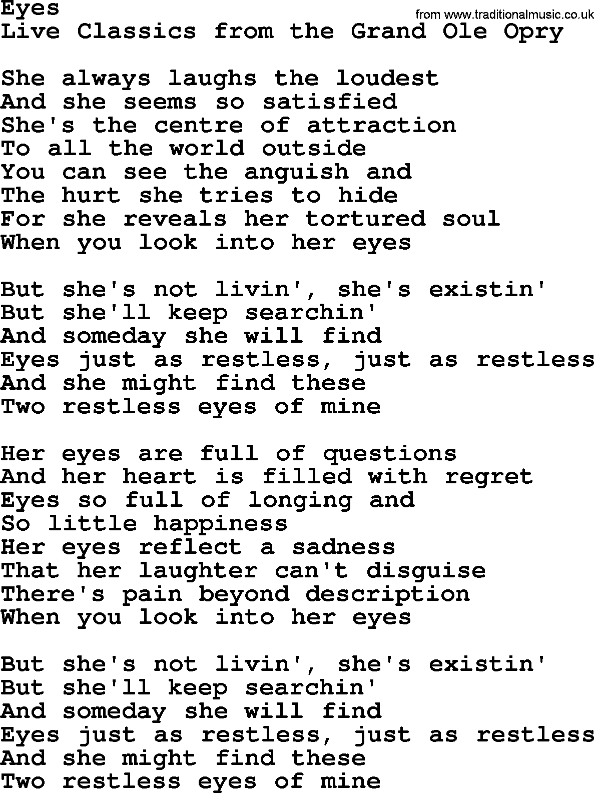 Marty Robbins song: Eyes, lyrics