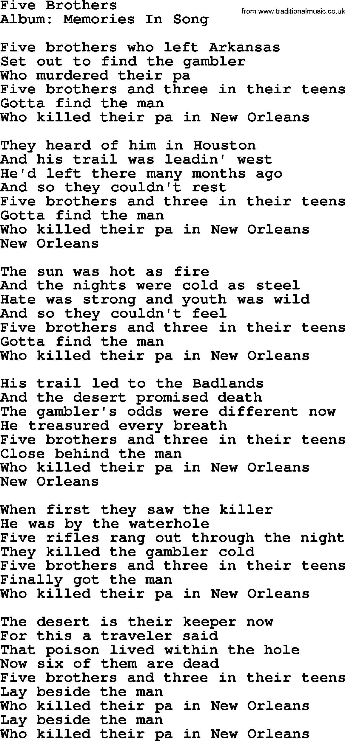 Marty Robbins song: Five Brothers, lyrics