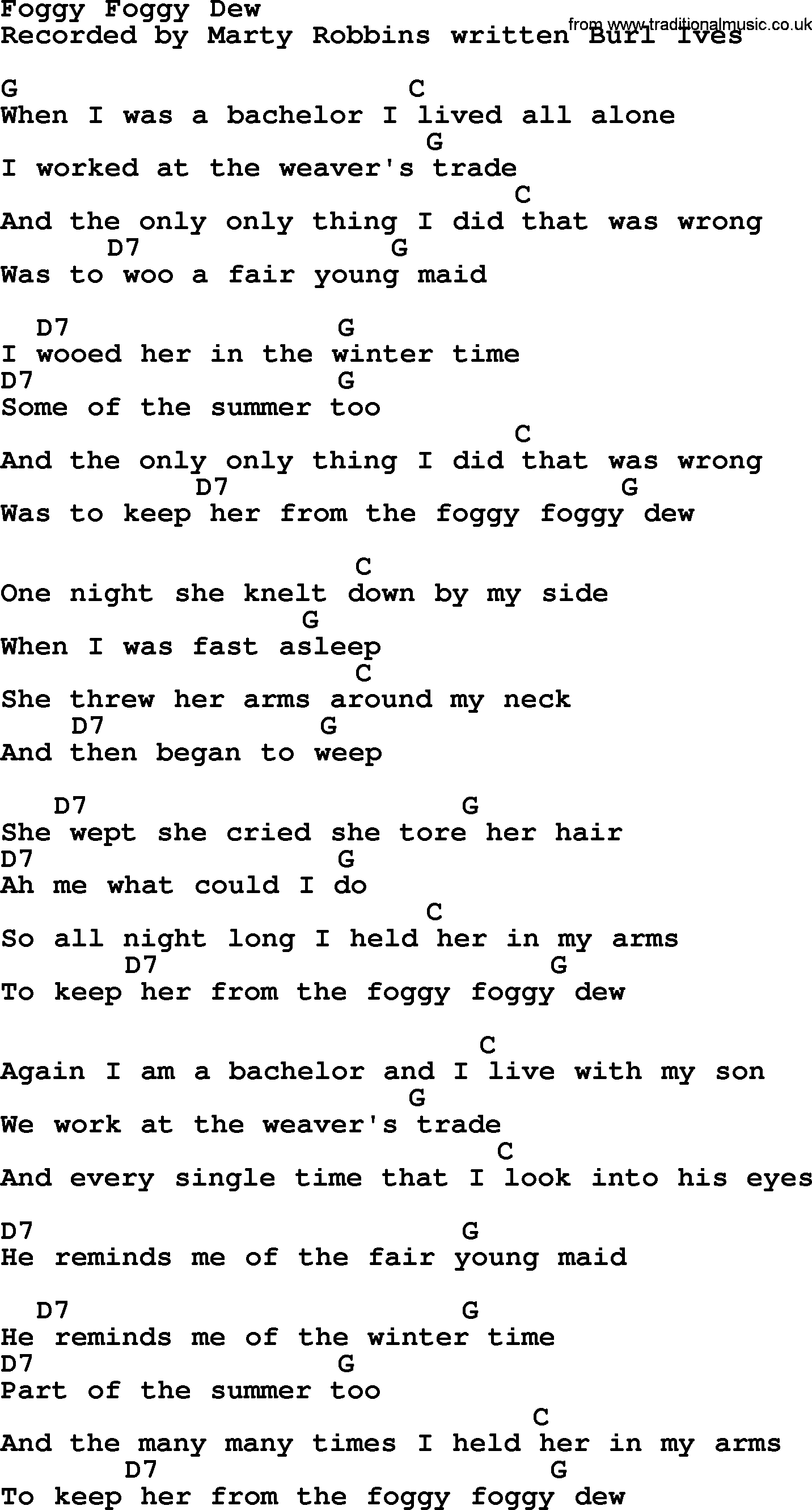 Marty Robbins song: Foggy Foggy Dew, lyrics and chords