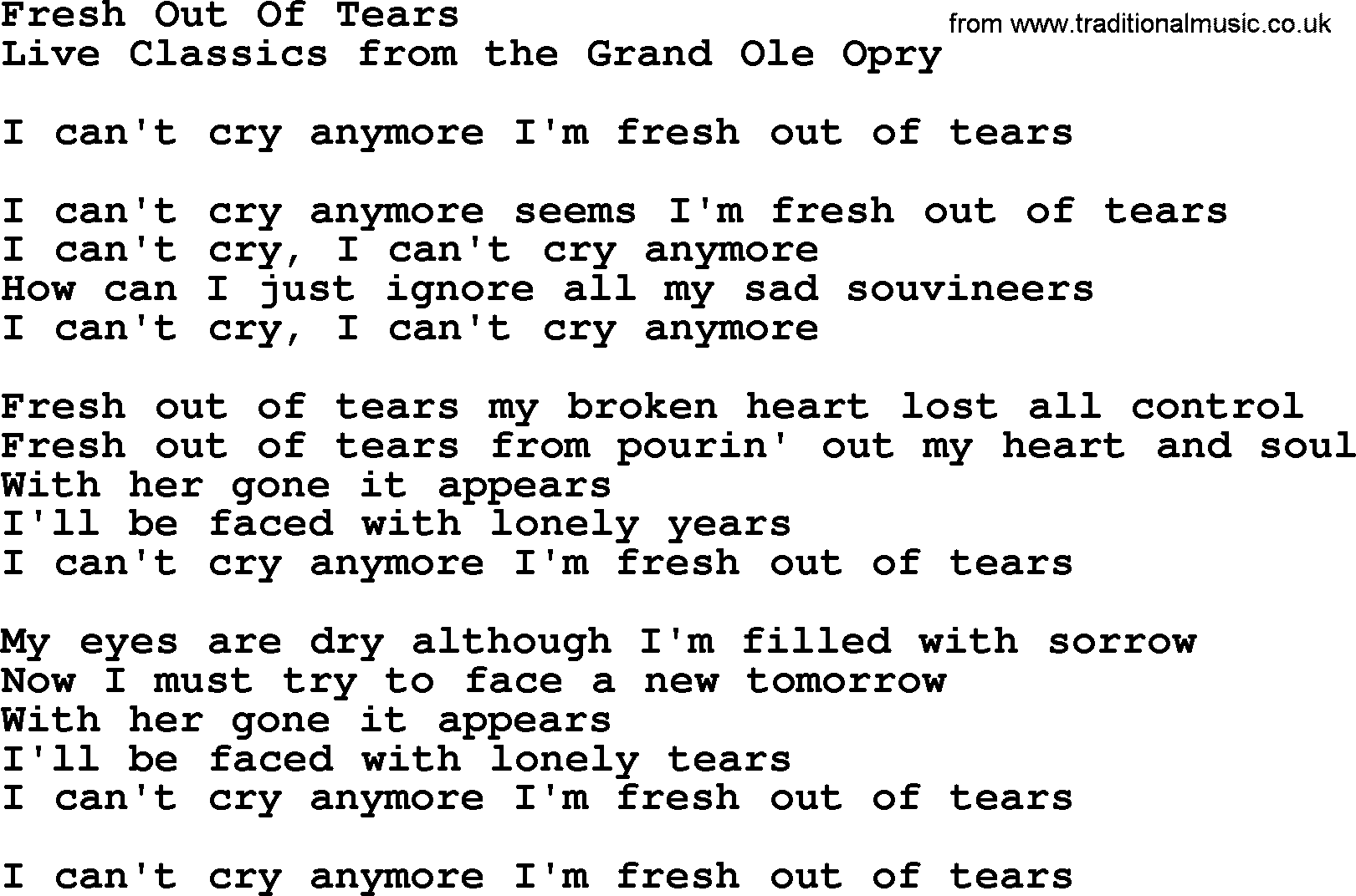 Marty Robbins song: Fresh Out Of Tears, lyrics