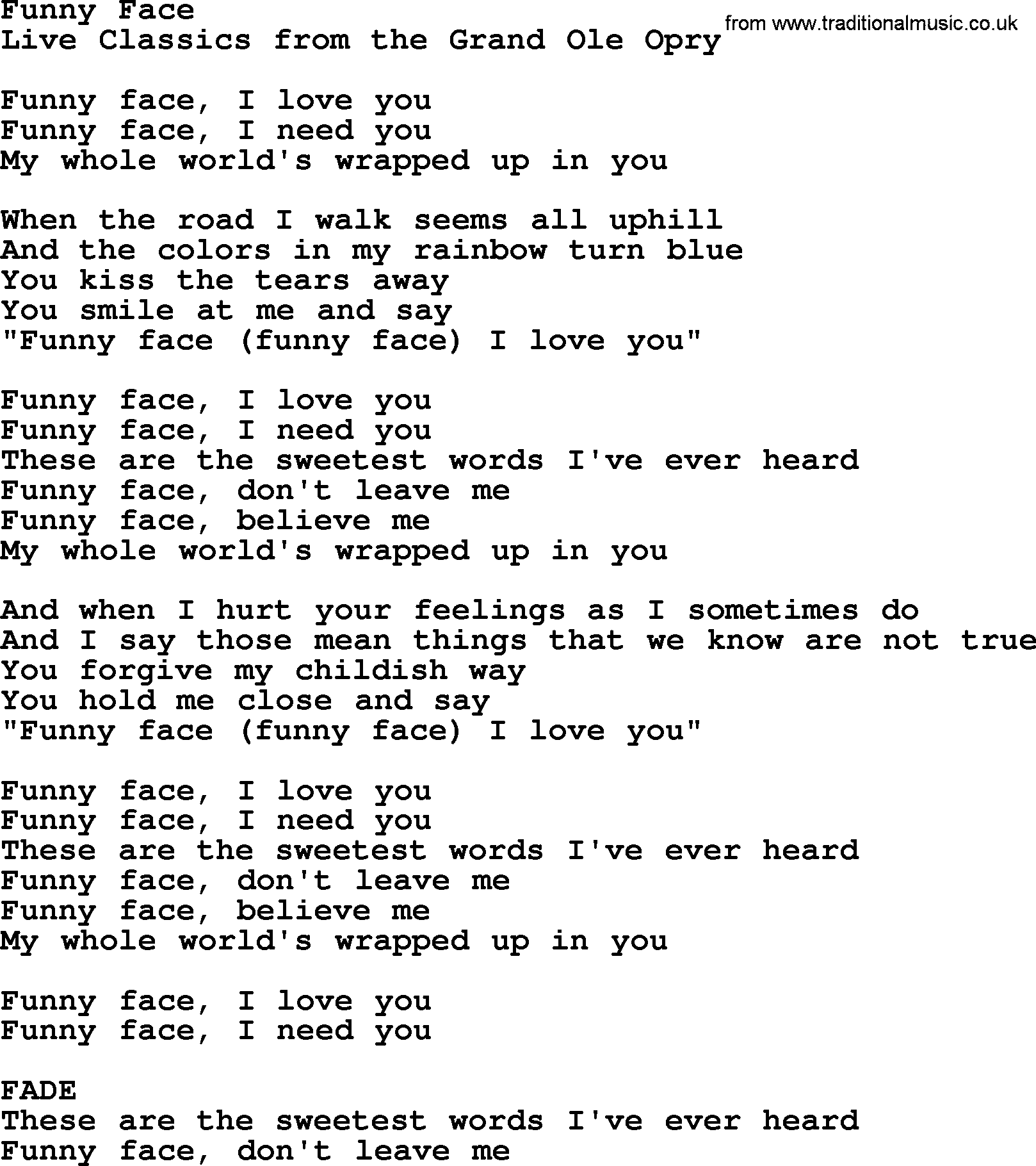 Marty Robbins song: Funny Face, lyrics