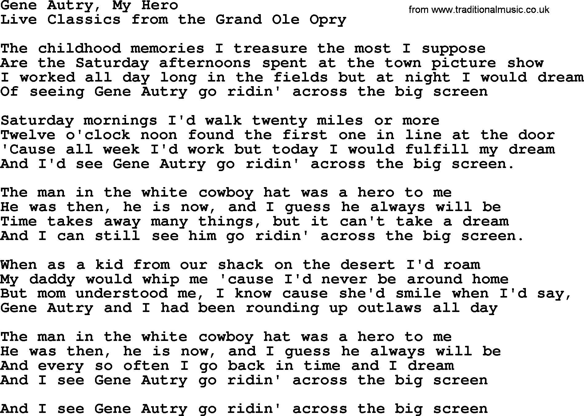 Gene Autry My Hero, by Marty Robbins - lyrics