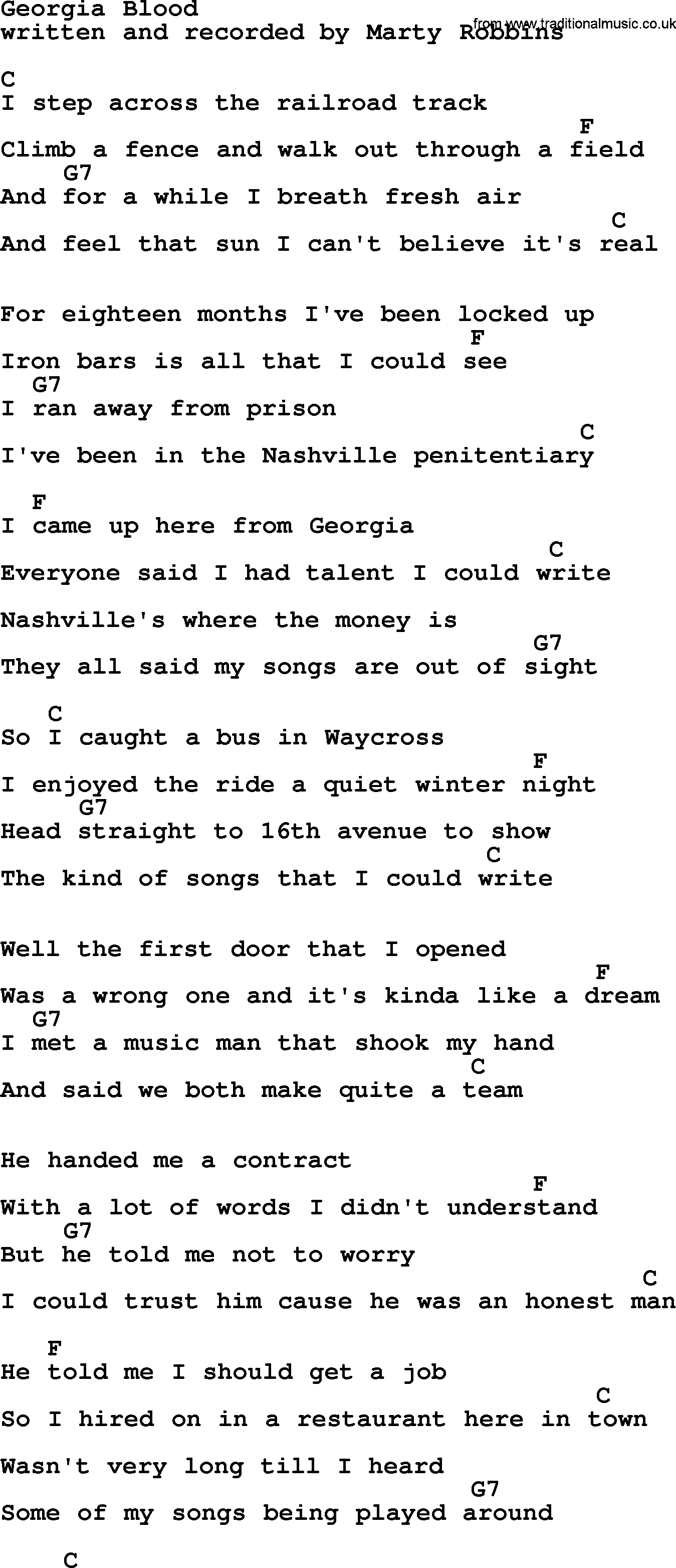 Marty Robbins song: Georgia Blood, lyrics and chords