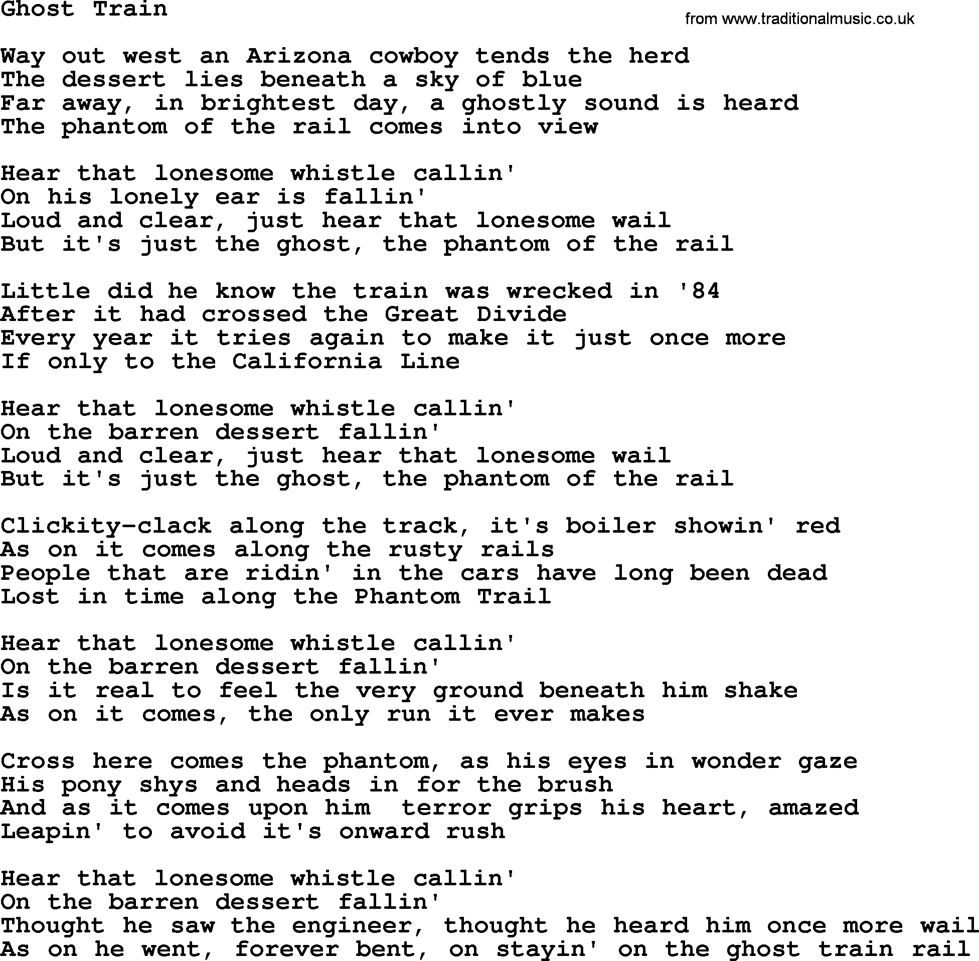 Marty Robbins song: Ghost Train, lyrics