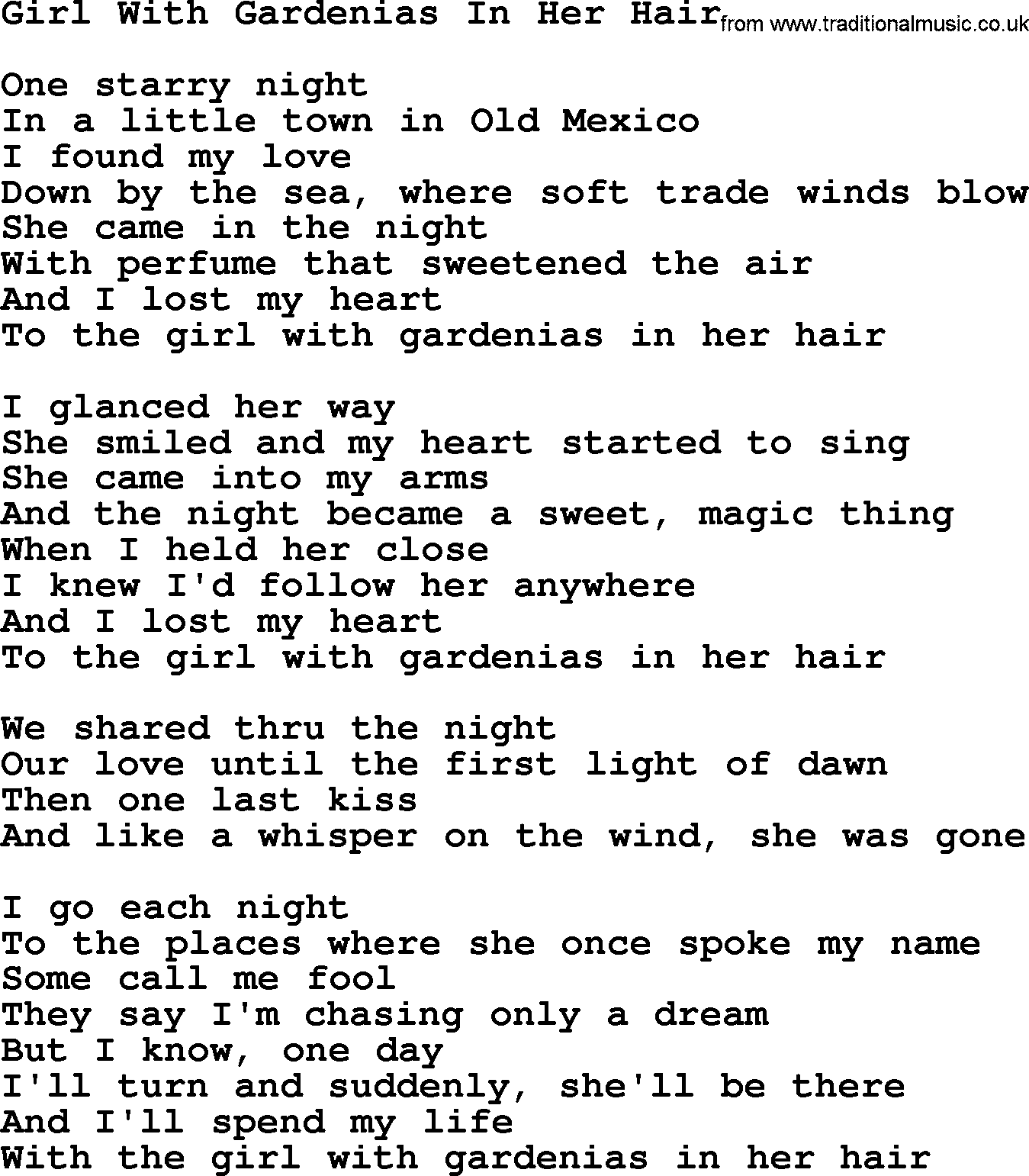Marty Robbins song: Girl With Gardenias In Her Hair, lyrics