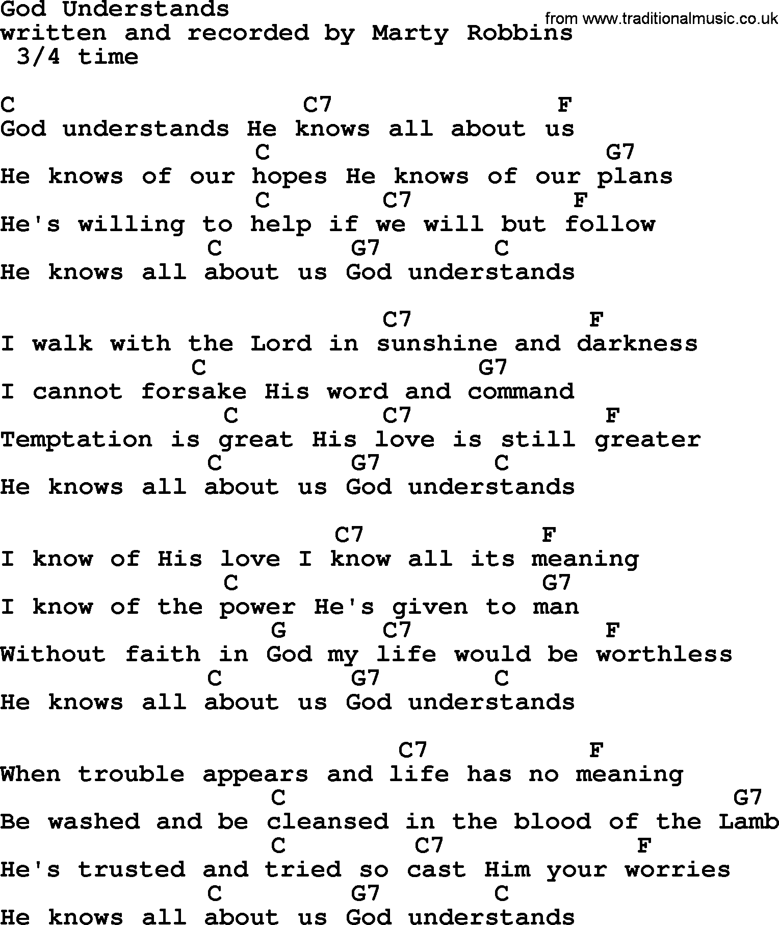 Marty Robbins song: God Understands, lyrics and chords