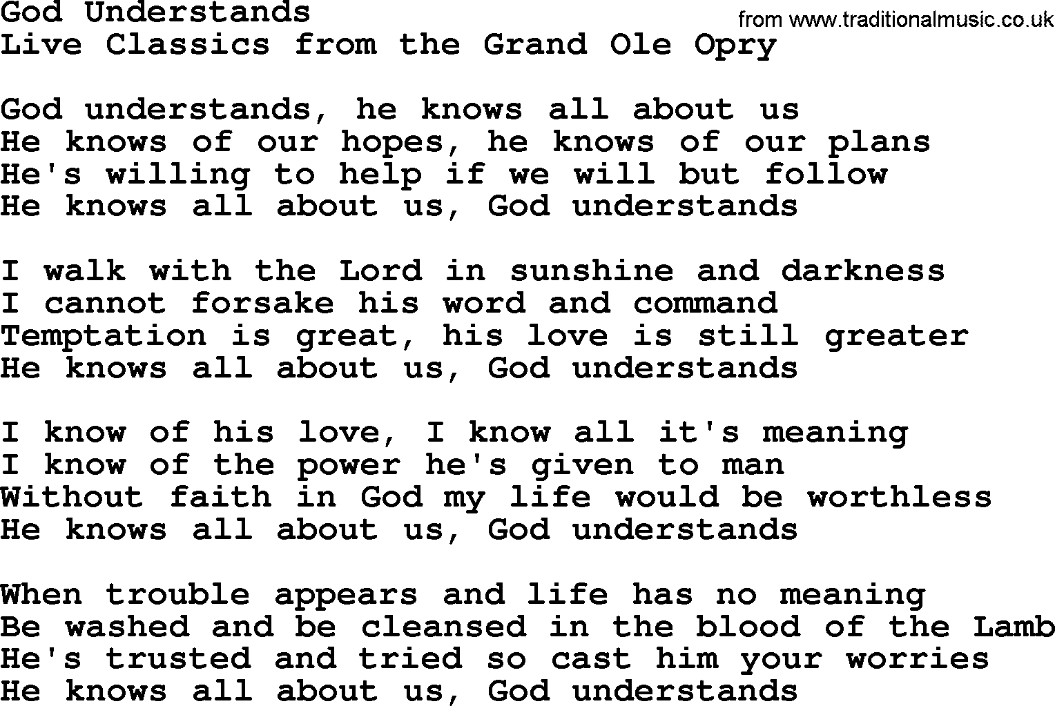 Marty Robbins song: God Understands, lyrics