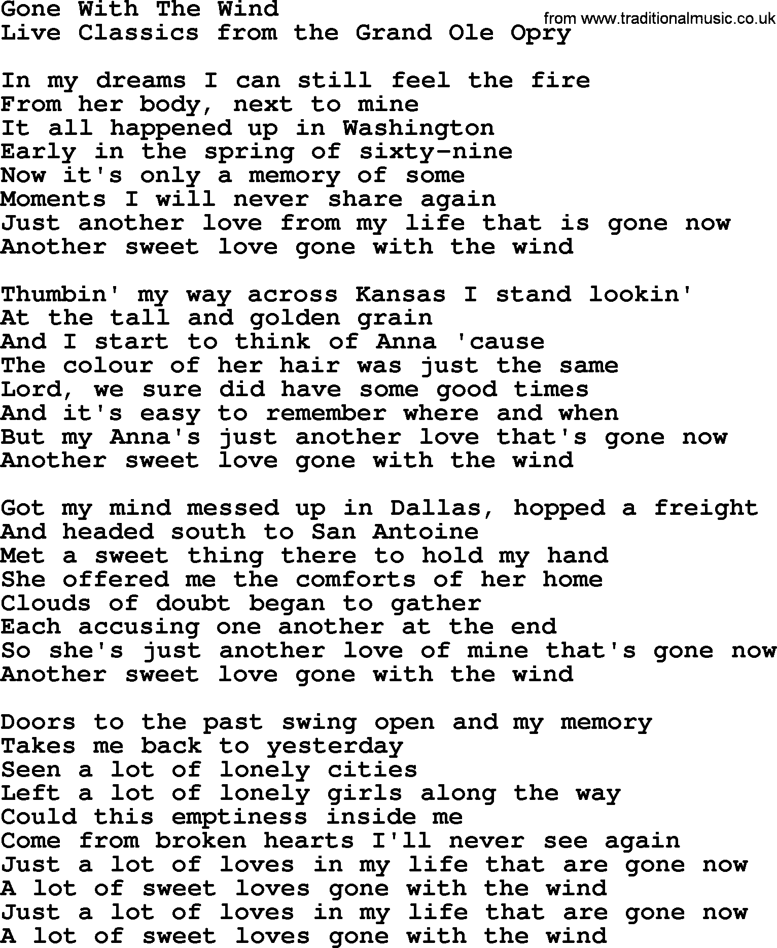 Marty Robbins song: Gone With The Wind, lyrics