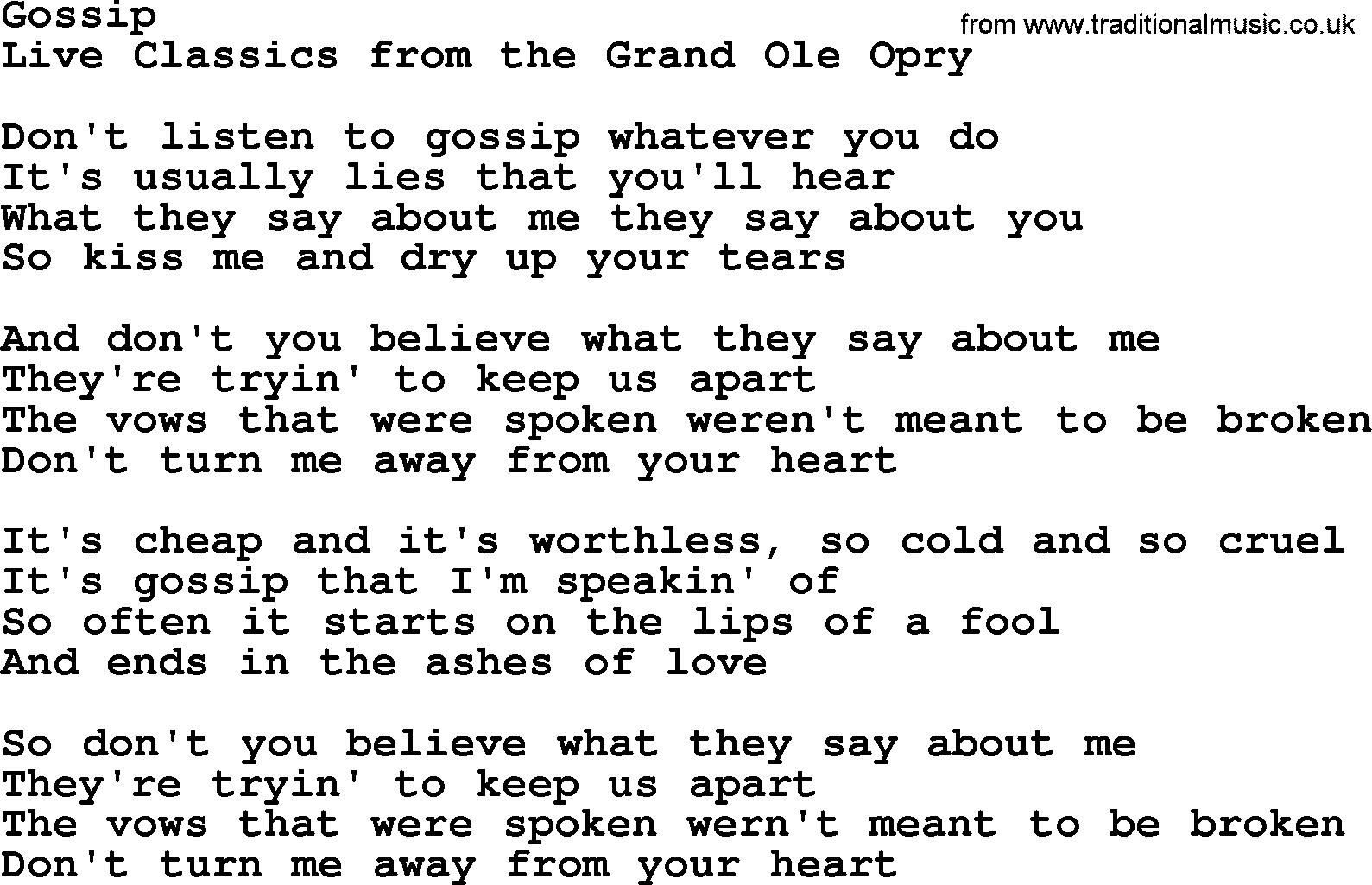 Marty Robbins song: Gossip, lyrics