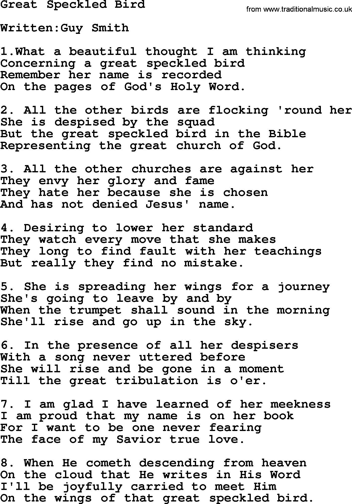 Marty Robbins song: Great Speckled Bird, lyrics