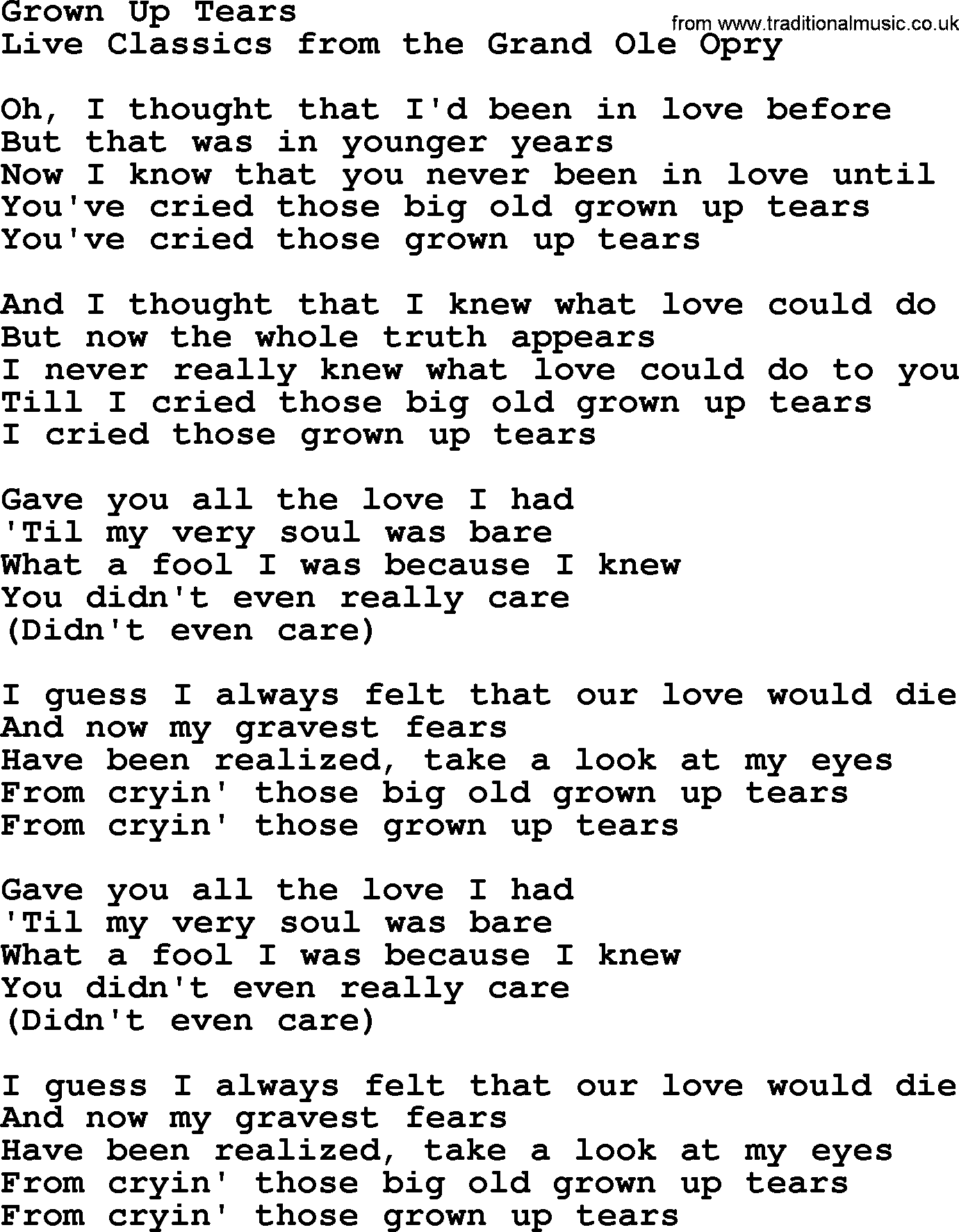 Marty Robbins song: Grown Up Tears, lyrics