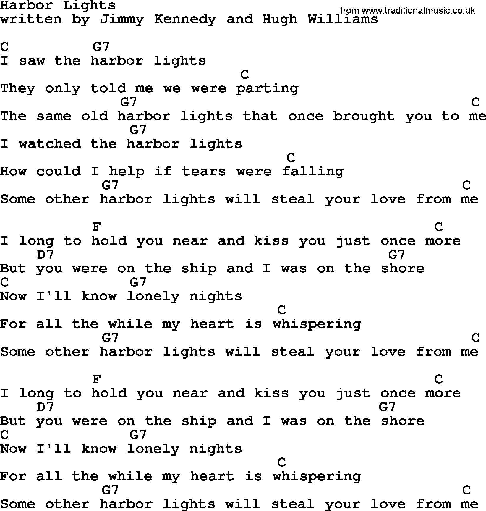 Marty Robbins song: Harbor Lights, lyrics and chords