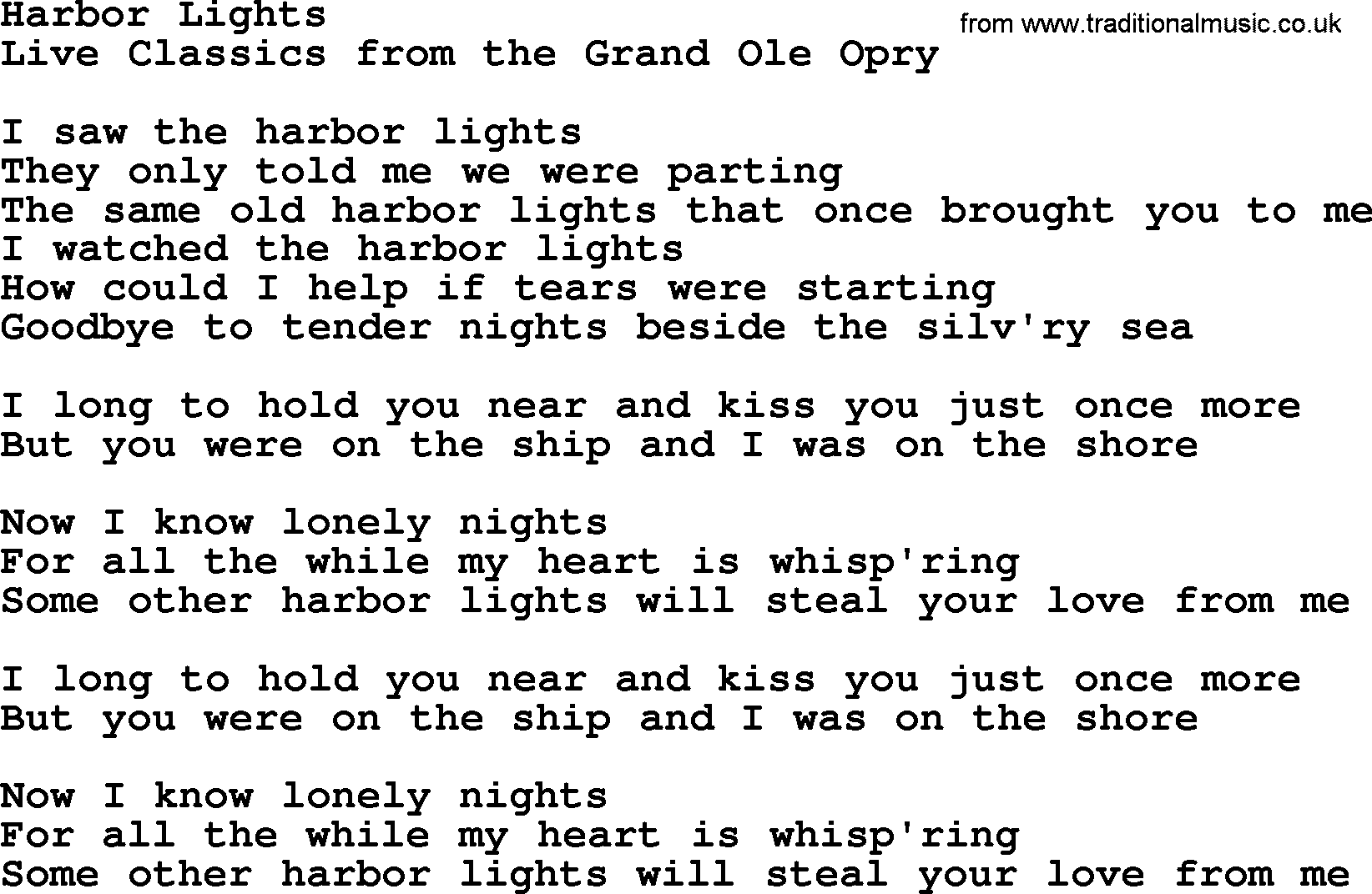 Marty Robbins song: Harbor Lights, lyrics