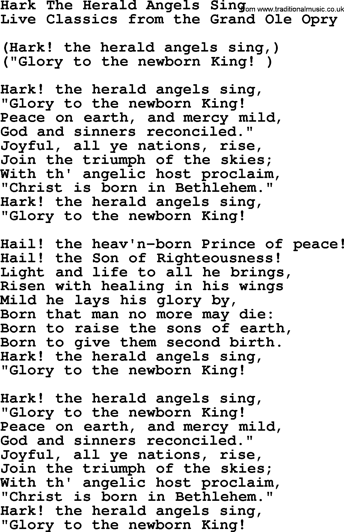 Hark The Herald Angels Sing, by Marty Robbins lyrics