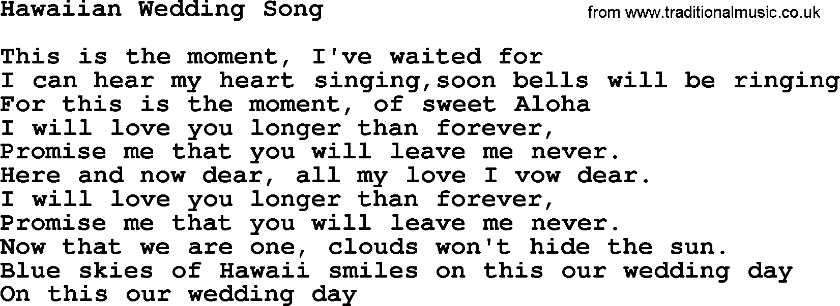 Marty Robbins song: Hawaiian Wedding Song, lyrics