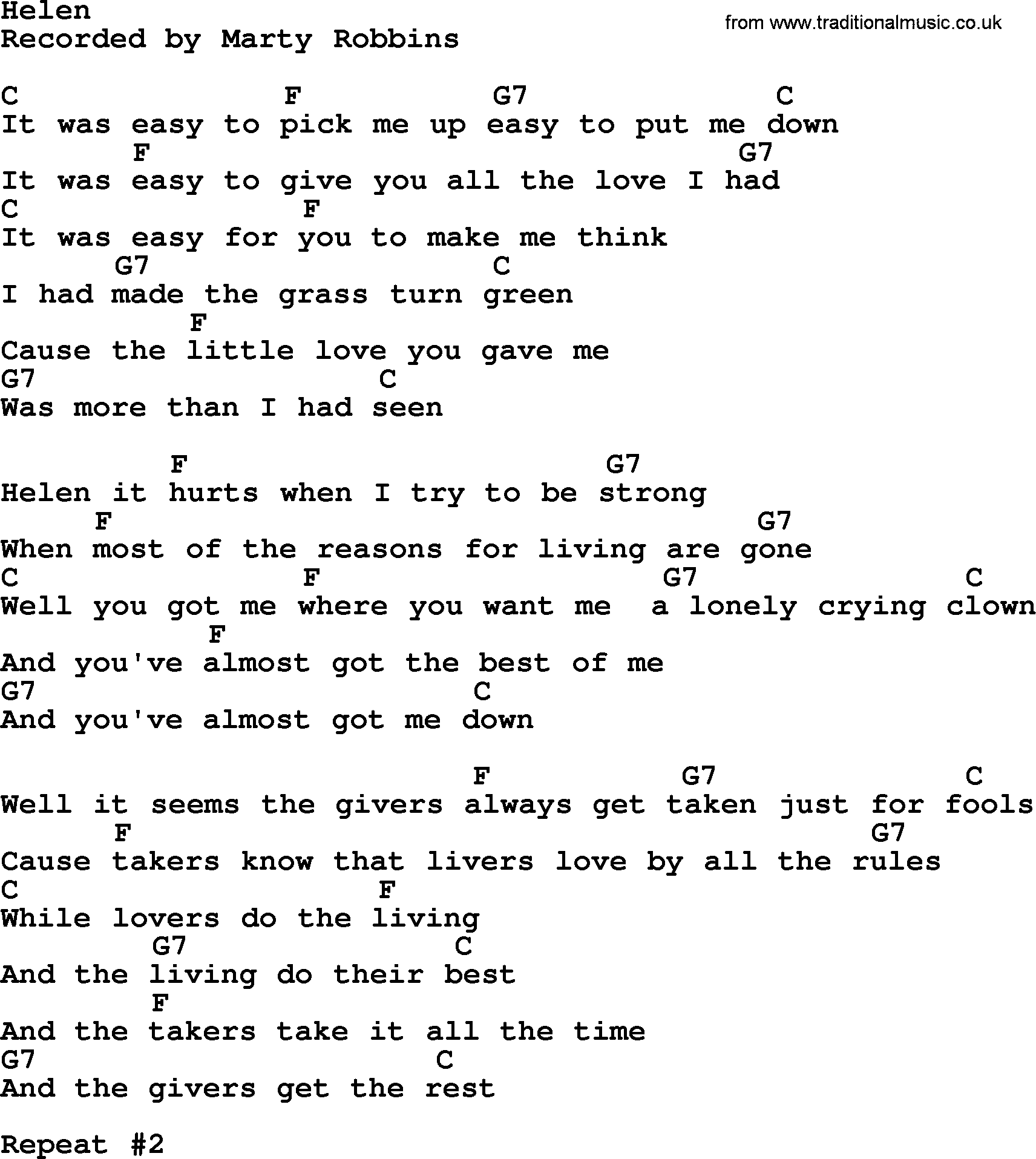 Marty Robbins song: Helen, lyrics and chords