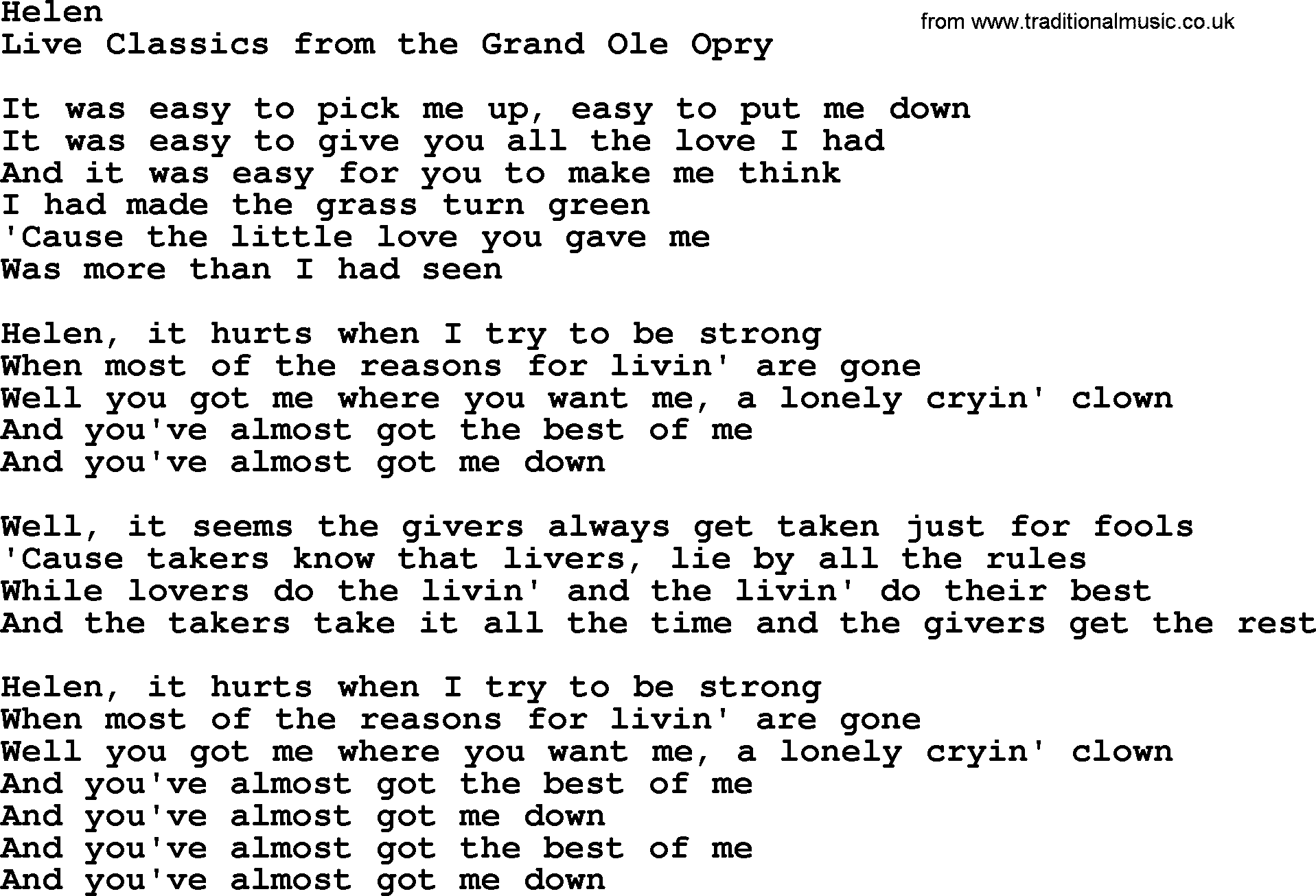 Marty Robbins song: Helen, lyrics
