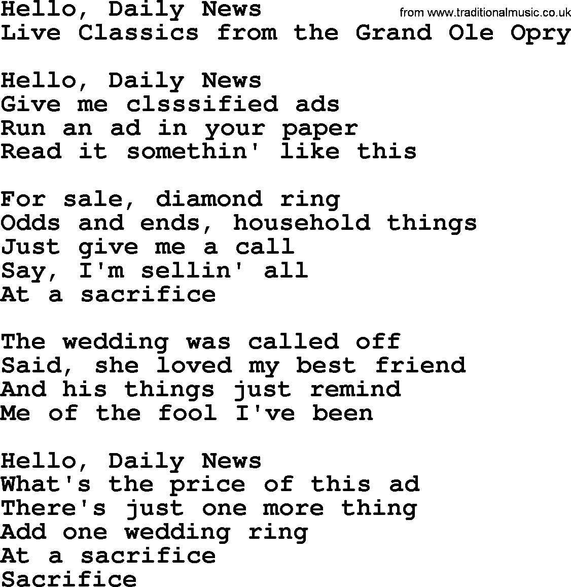 Marty Robbins song: Hello Daily News, lyrics