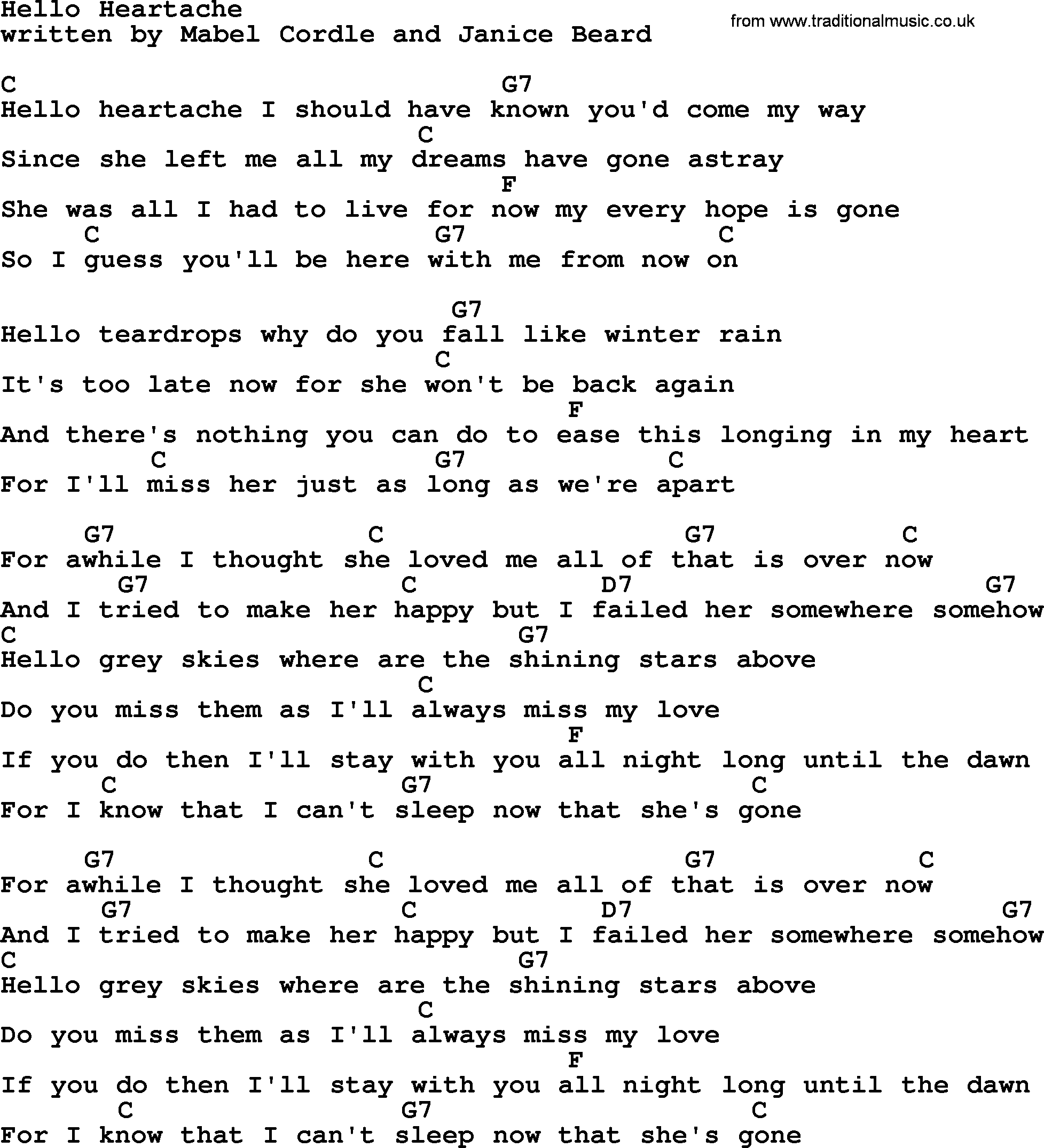 Marty Robbins song: Hello Heartache, lyrics and chords