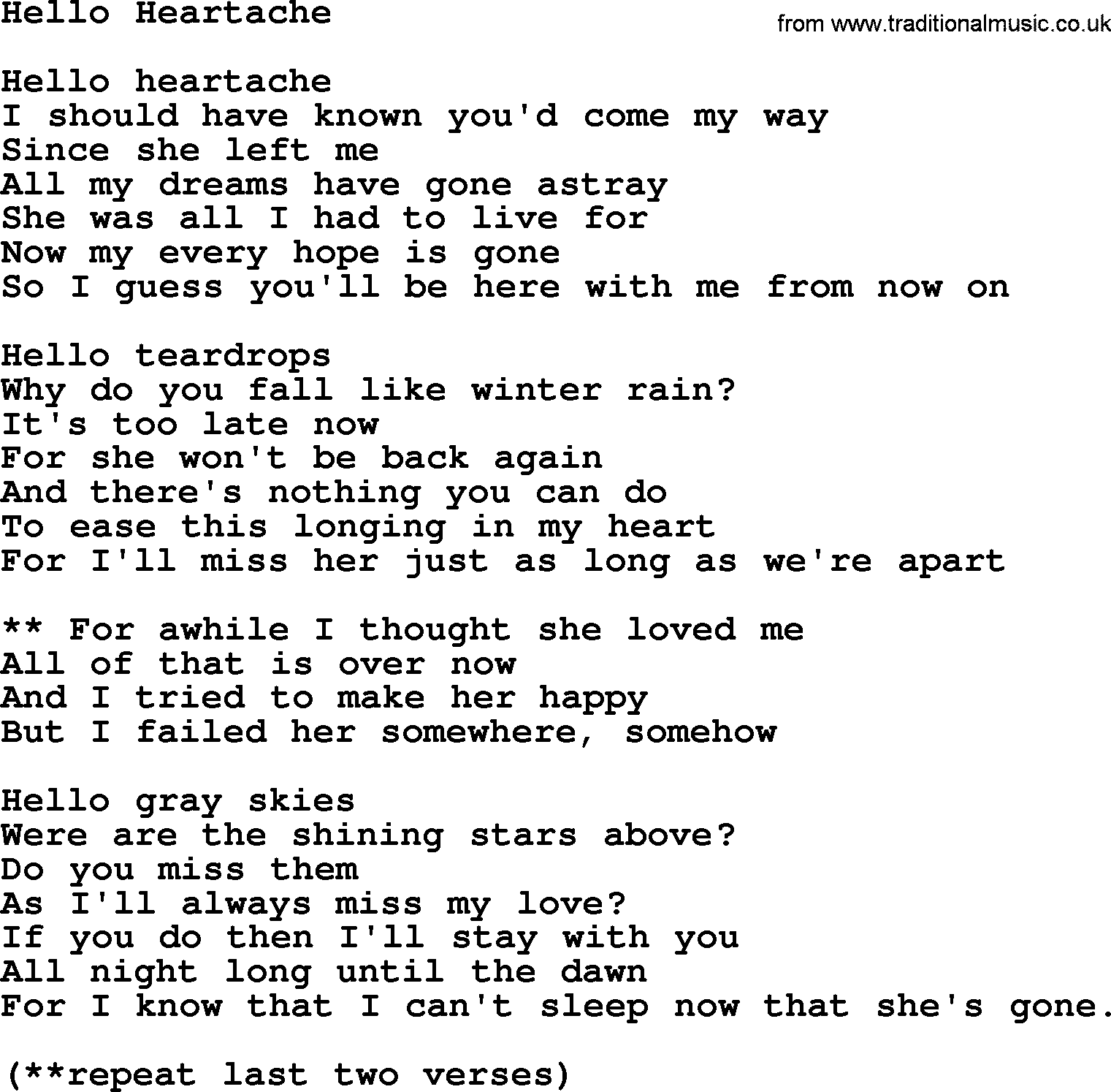 Marty Robbins song: Hello Heartache, lyrics