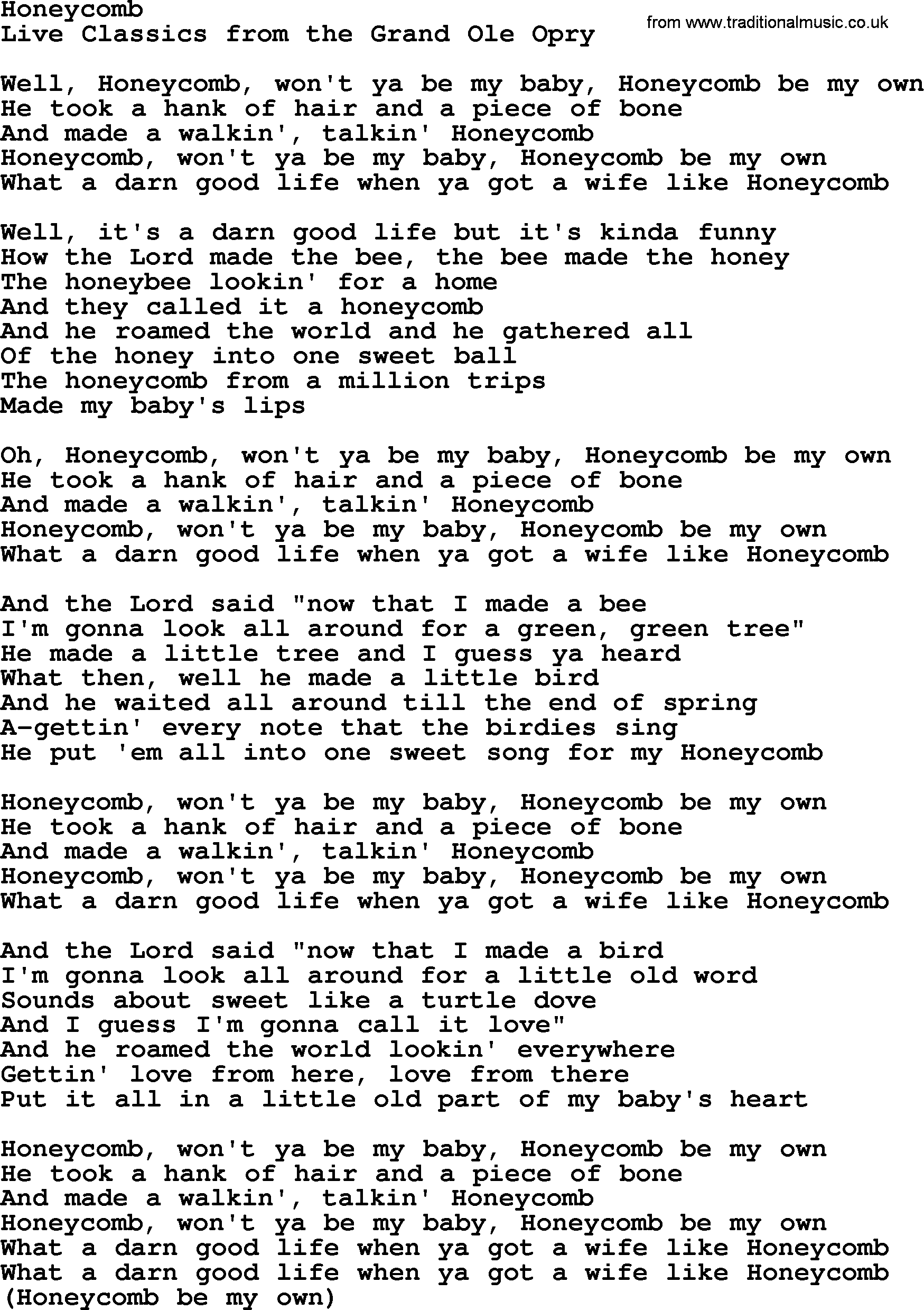 Marty Robbins song: Honeycomb, lyrics