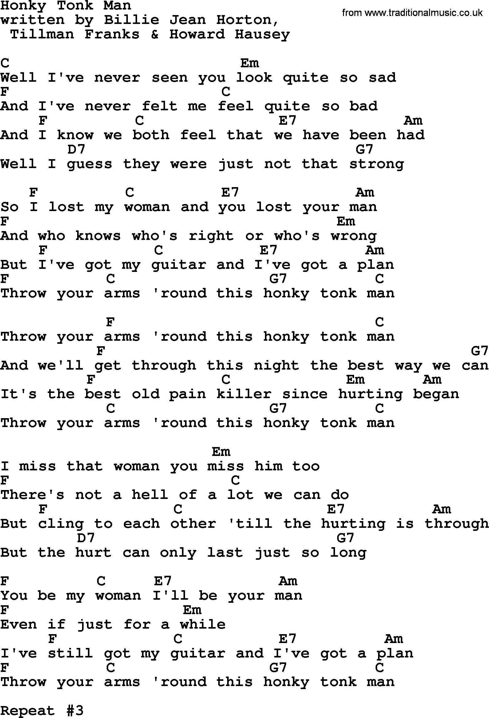 Marty Robbins song: Honky Tonk Man, lyrics and chords