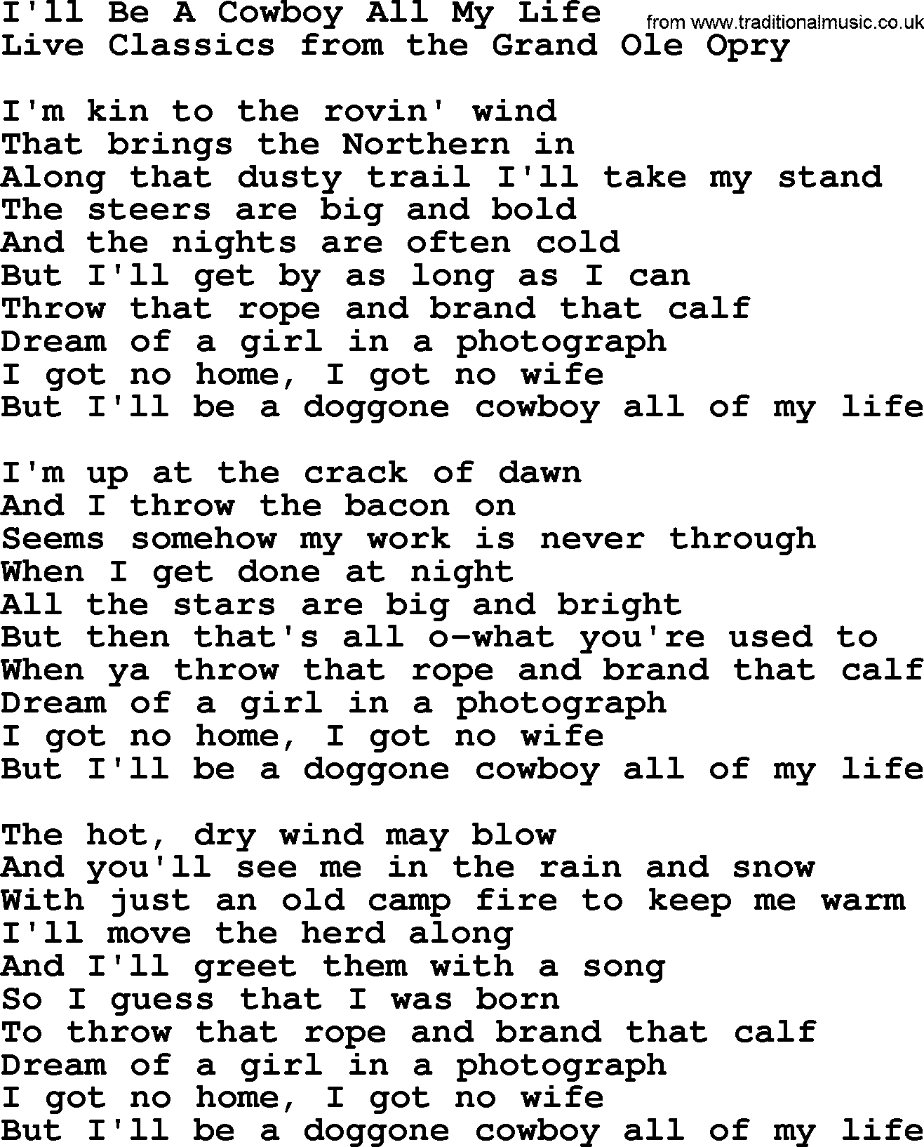 Marty Robbins song: I'll Be A Cowboy All My Life, lyrics