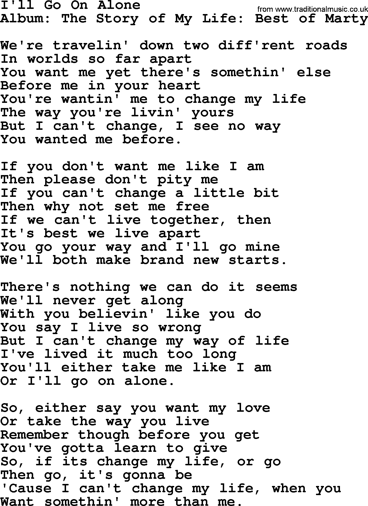 Marty Robbins song: I'll Go On Alone, lyrics