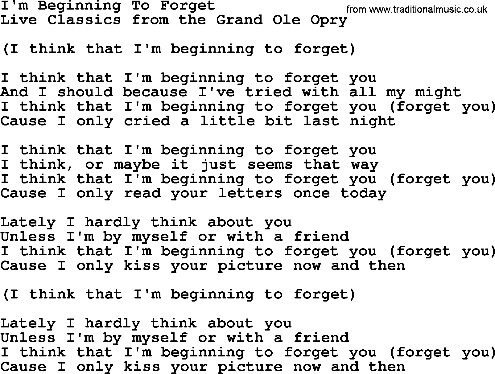 Marty Robbins song: I'm Beginning To Forget, lyrics