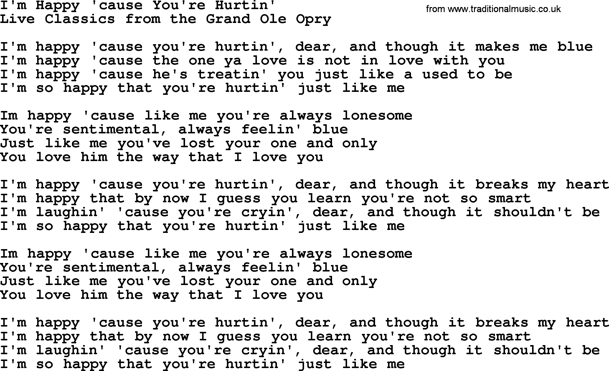Marty Robbins song: I'm Happy Cause You're Hurtin, lyrics