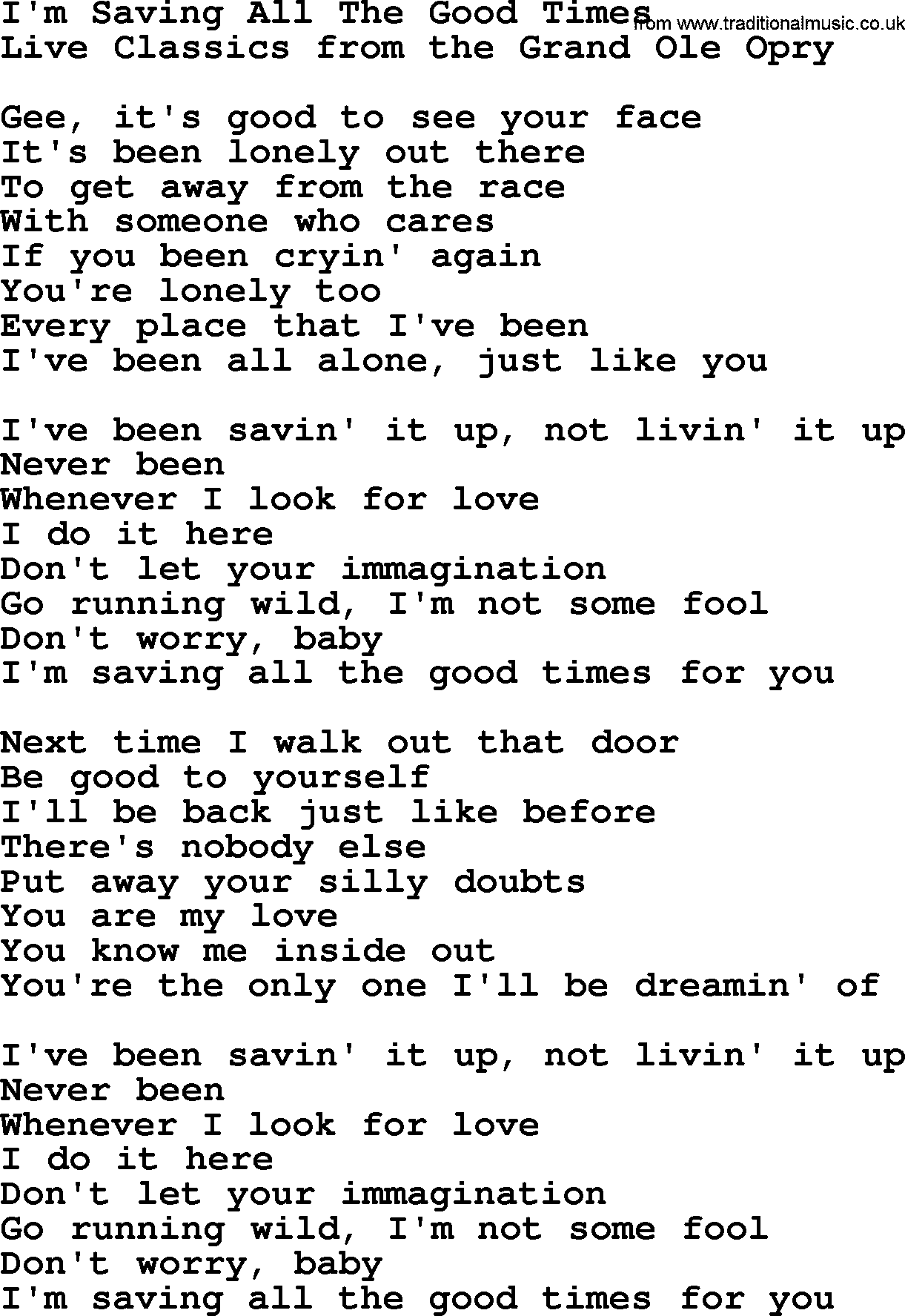 Marty Robbins song: I'm Saving All The Good Times, lyrics