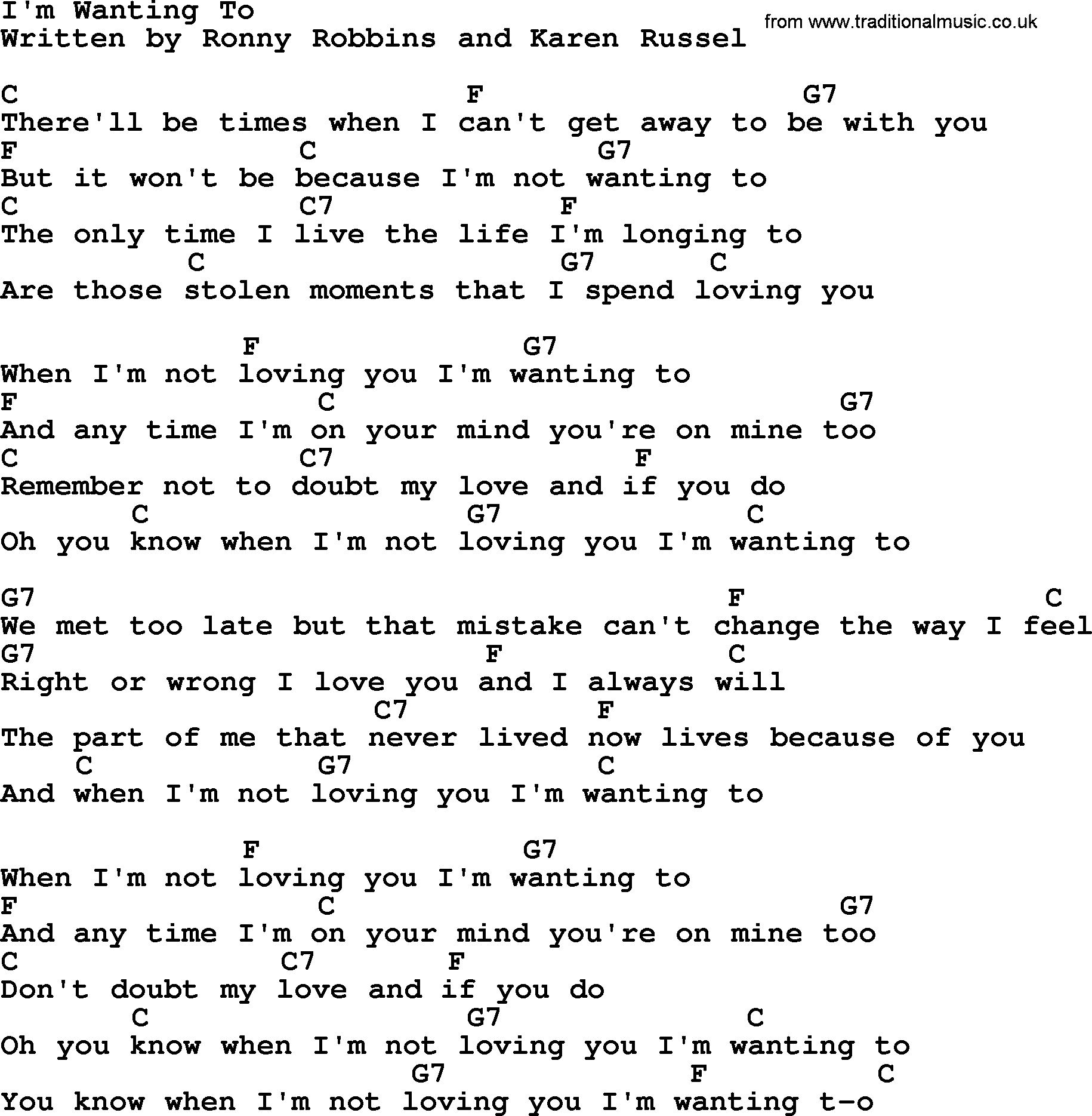 Marty Robbins song: I'm Wanting To, lyrics and chords