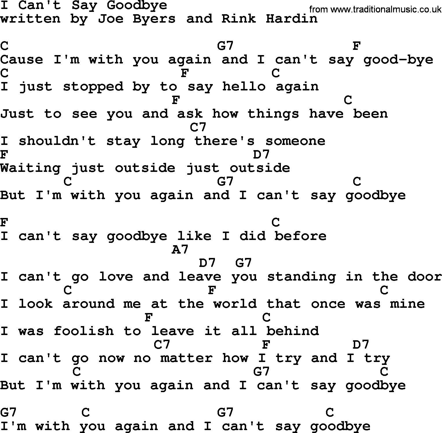 Marty Robbins song: I Can't Say Goodbye, lyrics and chords