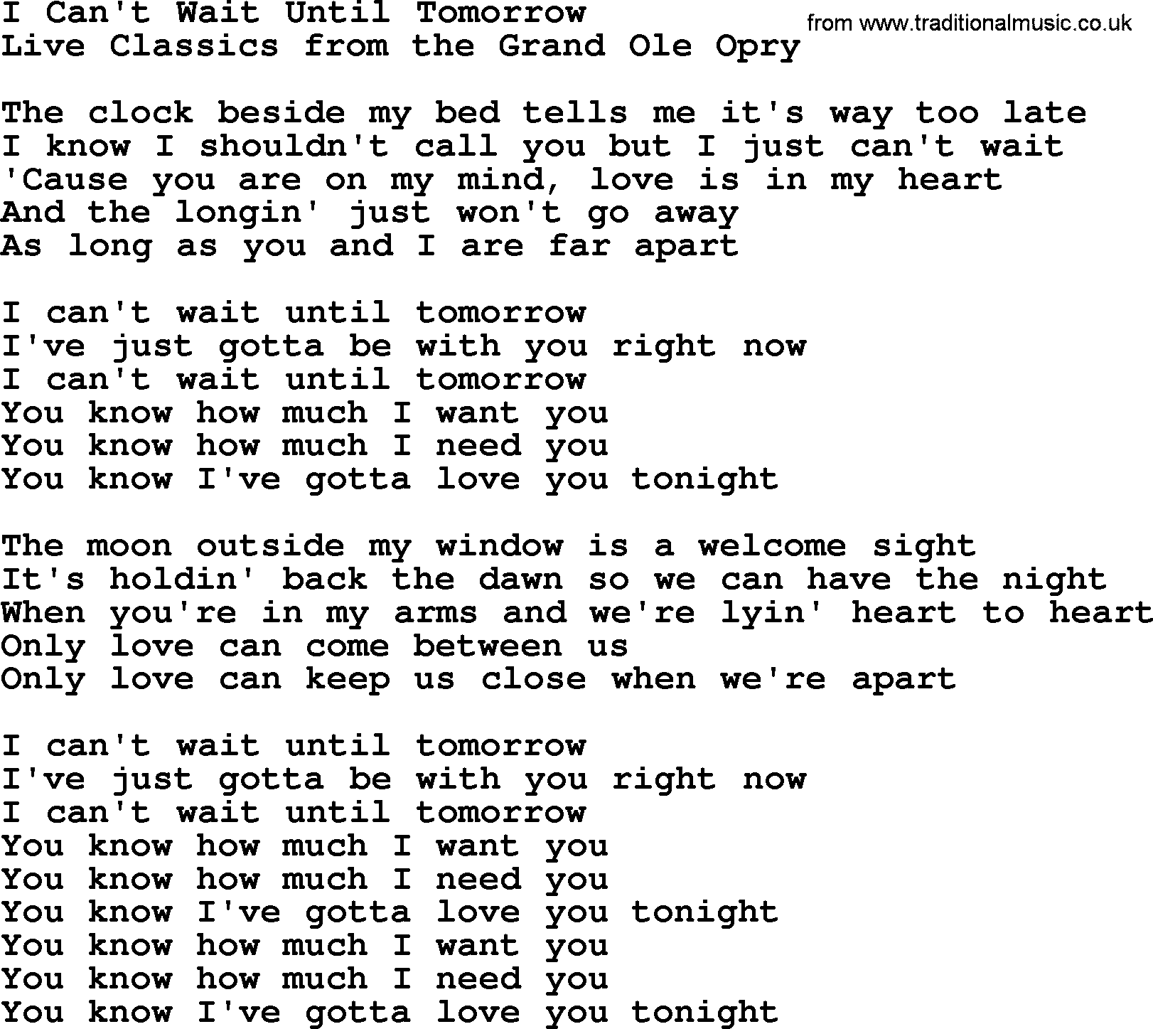 Marty Robbins song: I Cant Wait Until Tomorrow, lyrics