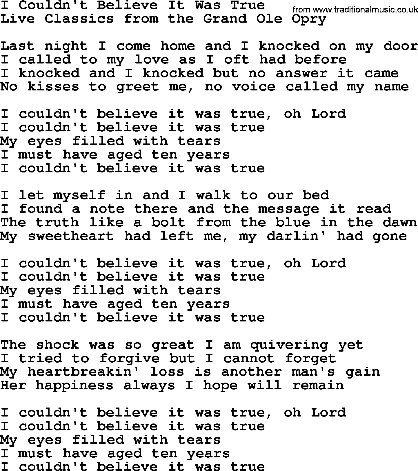 Marty Robbins song: I Couldnt Believe It Was True, lyrics