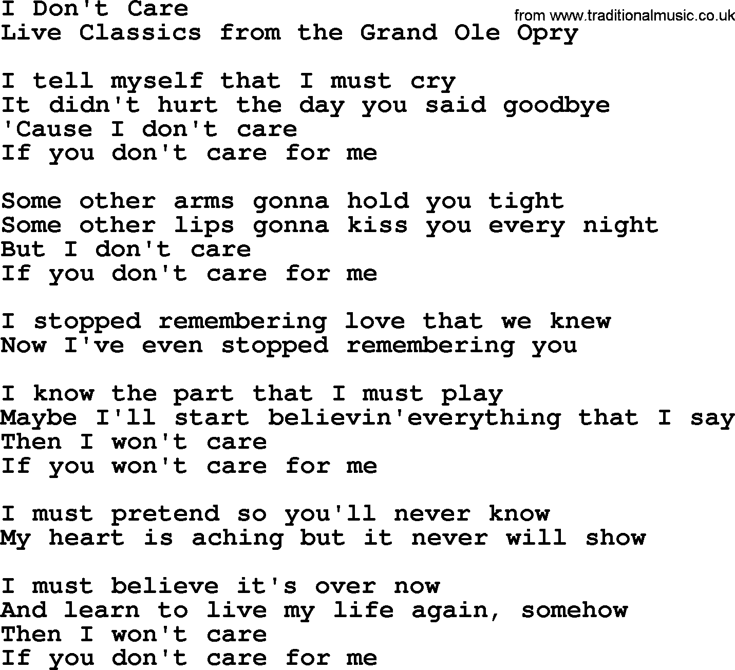 Marty Robbins song: I Don't Care, lyrics