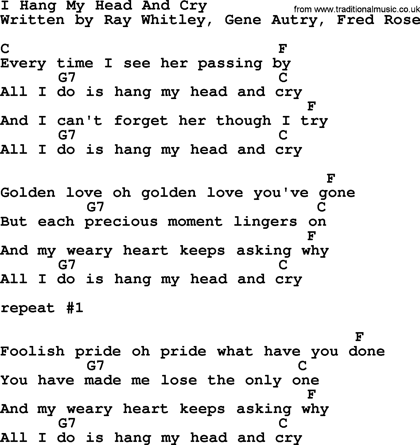 Marty Robbins song: I Hang My Head And Cry, lyrics and chords