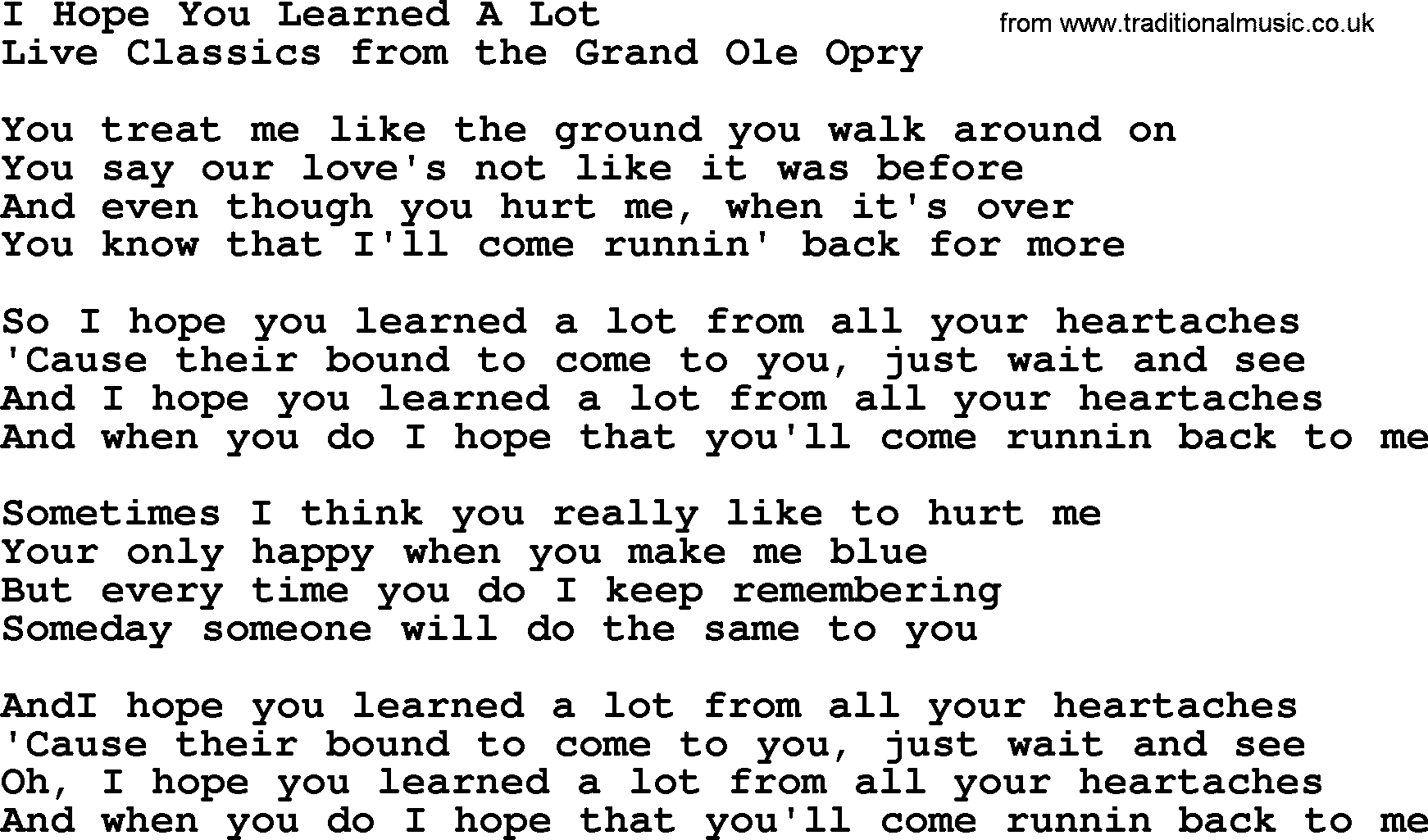 Marty Robbins song: I Hope You Learned A Lot, lyrics
