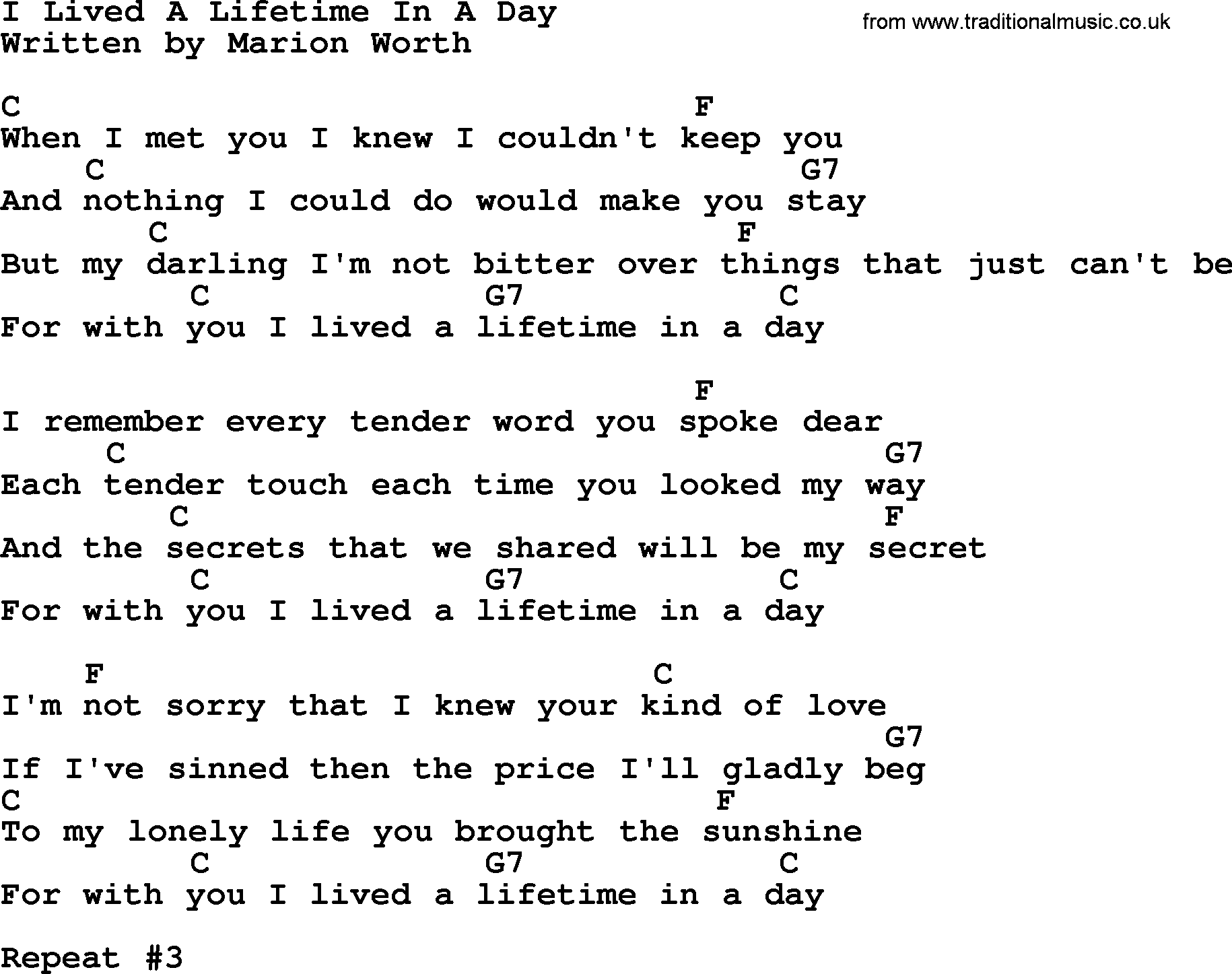 Marty Robbins song: I Lived A Lifetime In A Day, lyrics and chords