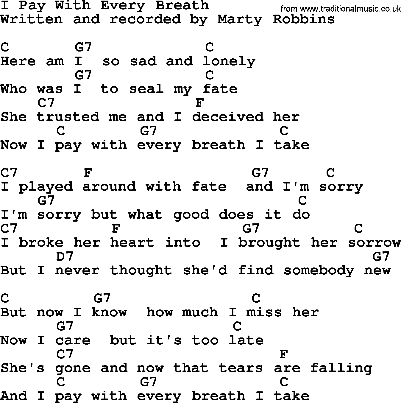 Marty Robbins song: I Pay With Every Breath, lyrics and chords