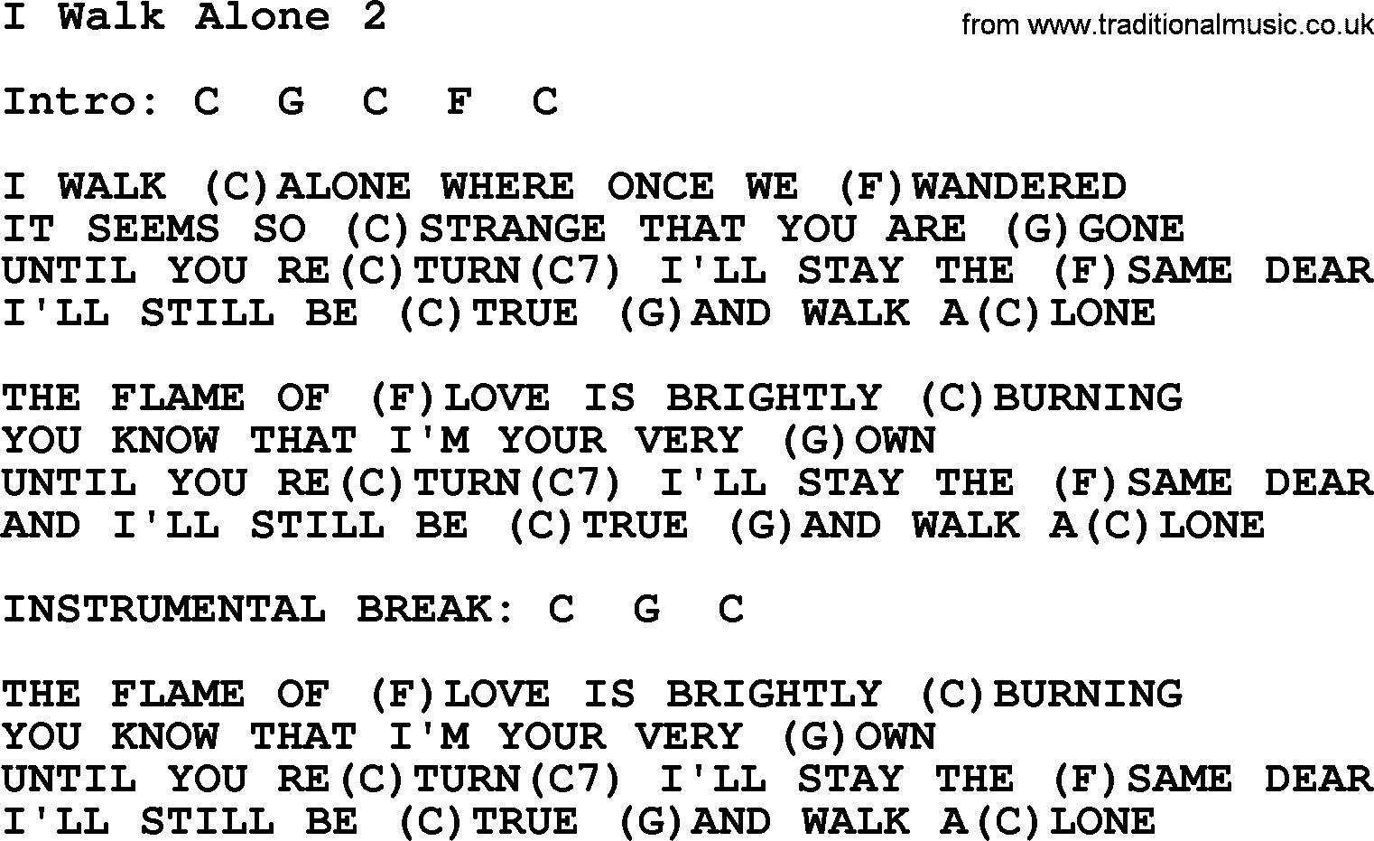 Marty Robbins song: I Walk Alone 2, lyrics and chords