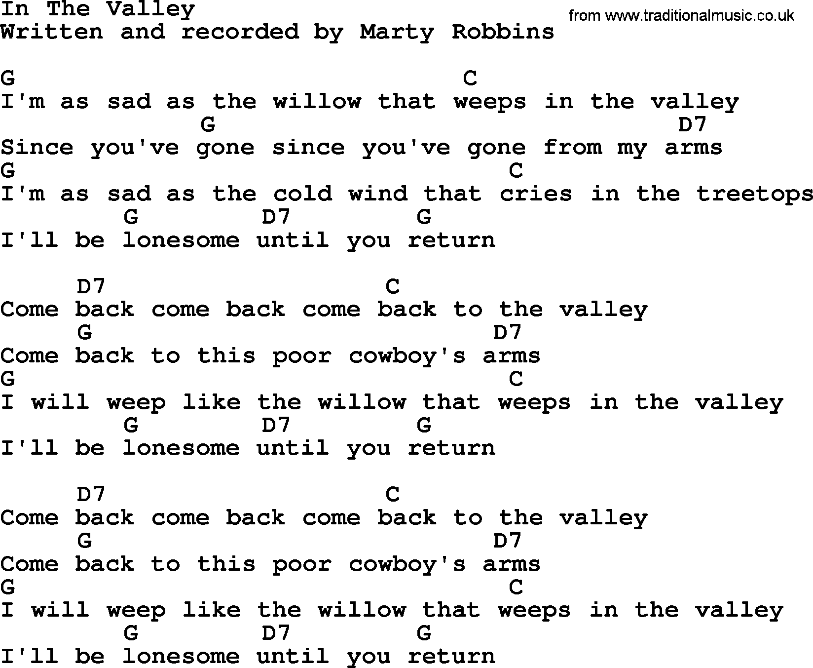 Marty Robbins song: In The Valley, lyrics and chords